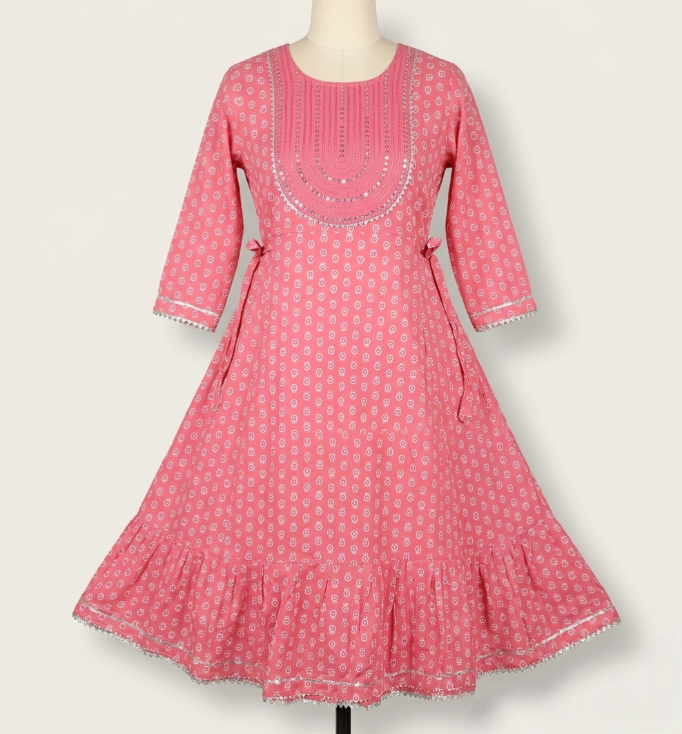 Pink Bandhani Print A-Line Cotton Kurti with Embroidered Yoke and Ruffle Hem
