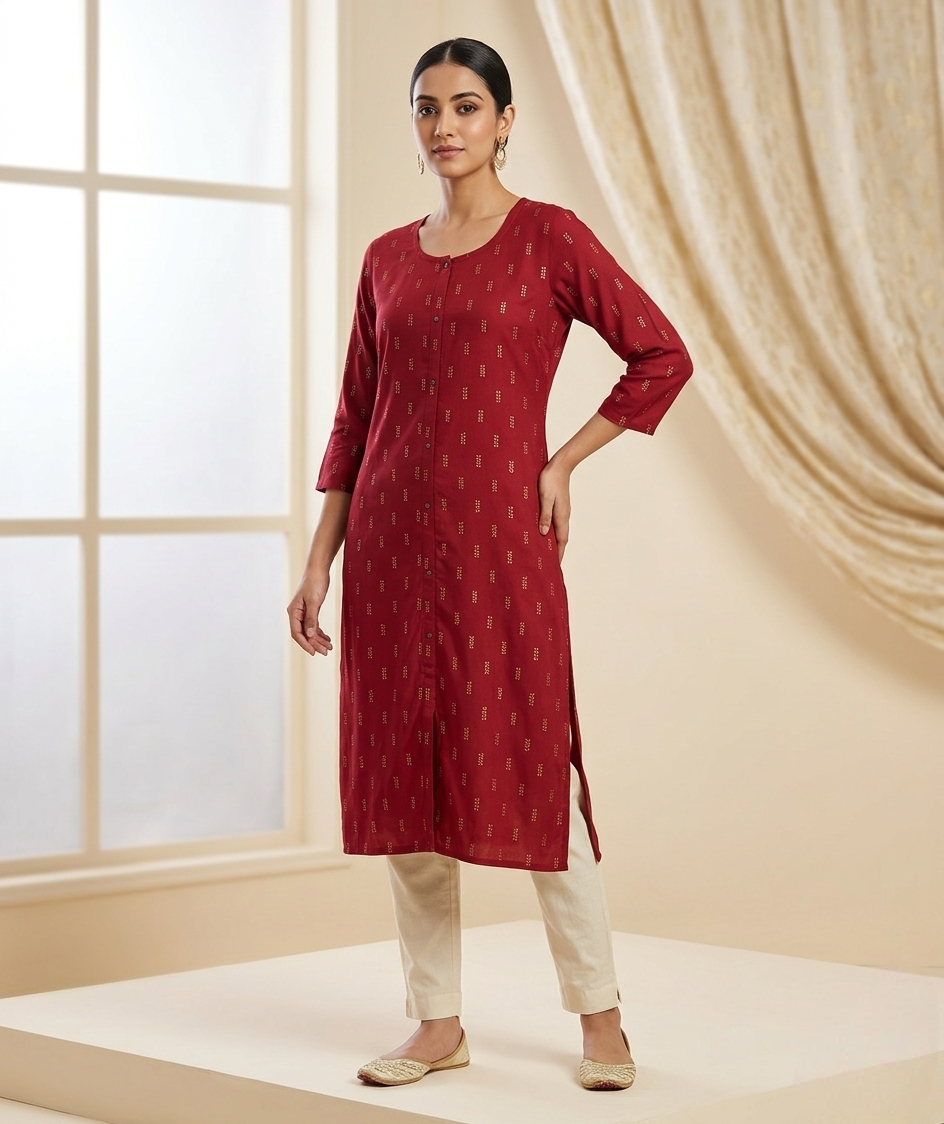 Women’s Maroon Foil Printed Rayon Straight Kurta with Button-Down Detail