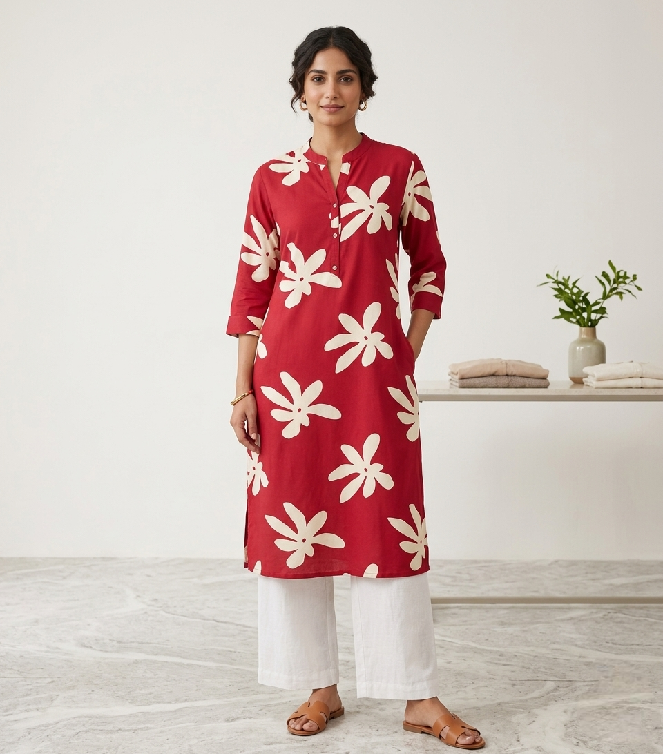 Floral Bliss Mandarin Collar Cotton Kurti in Crimson Red & Cream