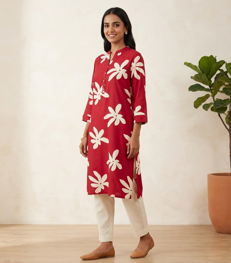 Floral Bliss Mandarin Collar Cotton Kurti in Crimson Red & Cream