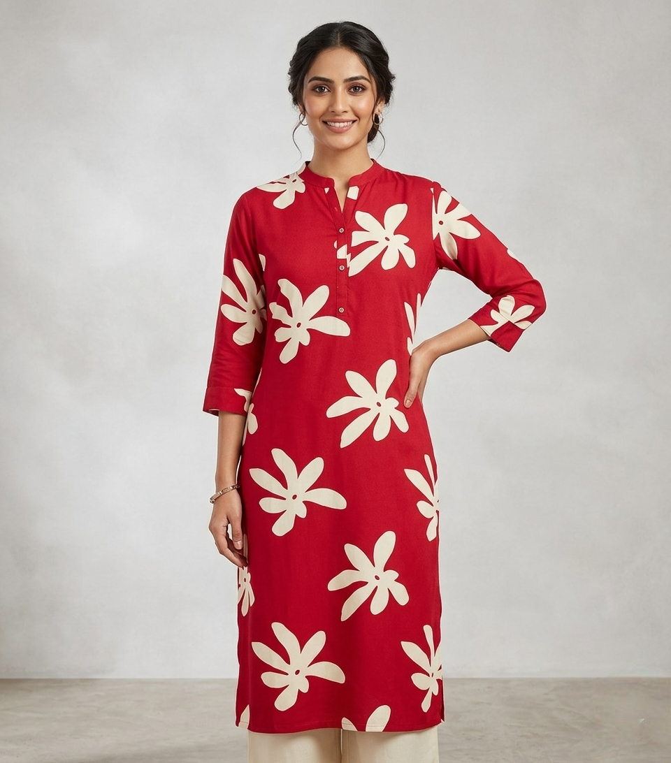 Floral Bliss Mandarin Collar Cotton Kurti in Crimson Red & Cream