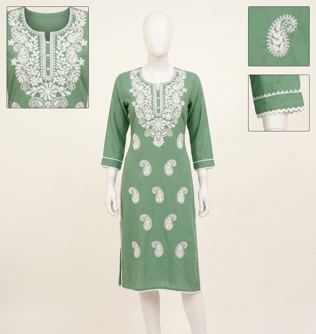 Women’s Sage Green Cotton Chikankari Kurti with White Floral Embroidery & Paisley Butti – Ethnic Straight Tunic