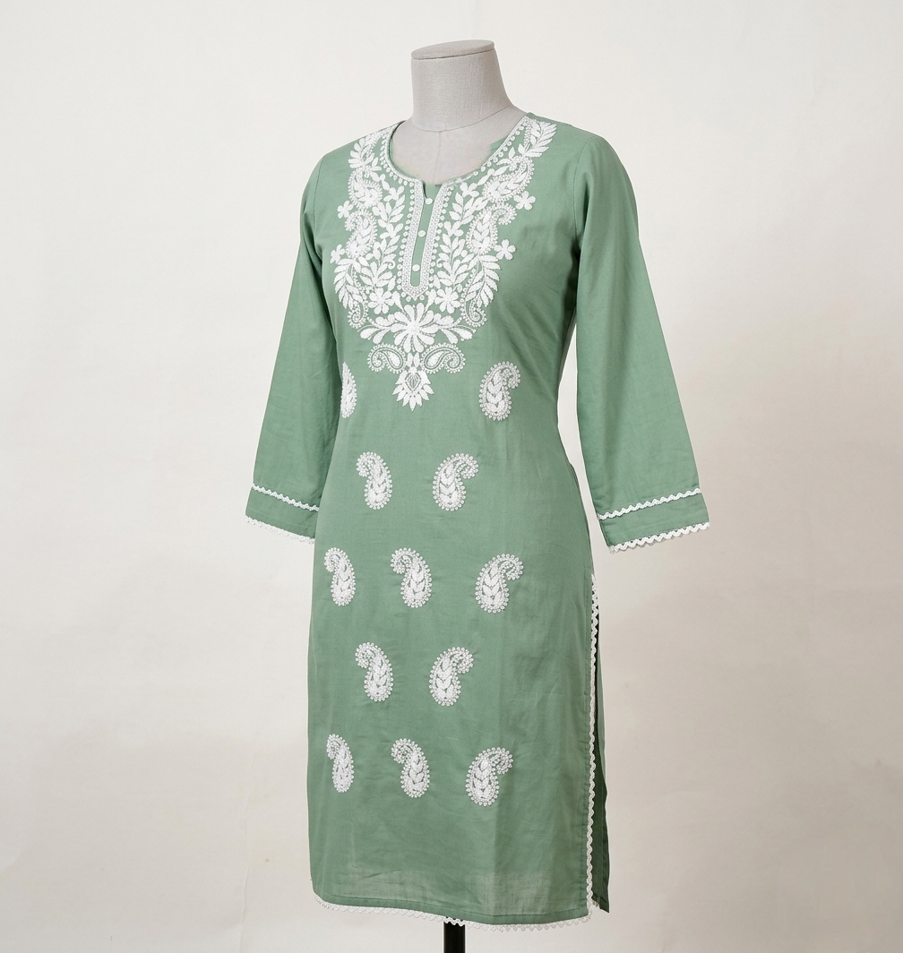 Women’s Sage Green Cotton Chikankari Kurti with White Floral Embroidery & Paisley Butti – Ethnic Straight Tunic