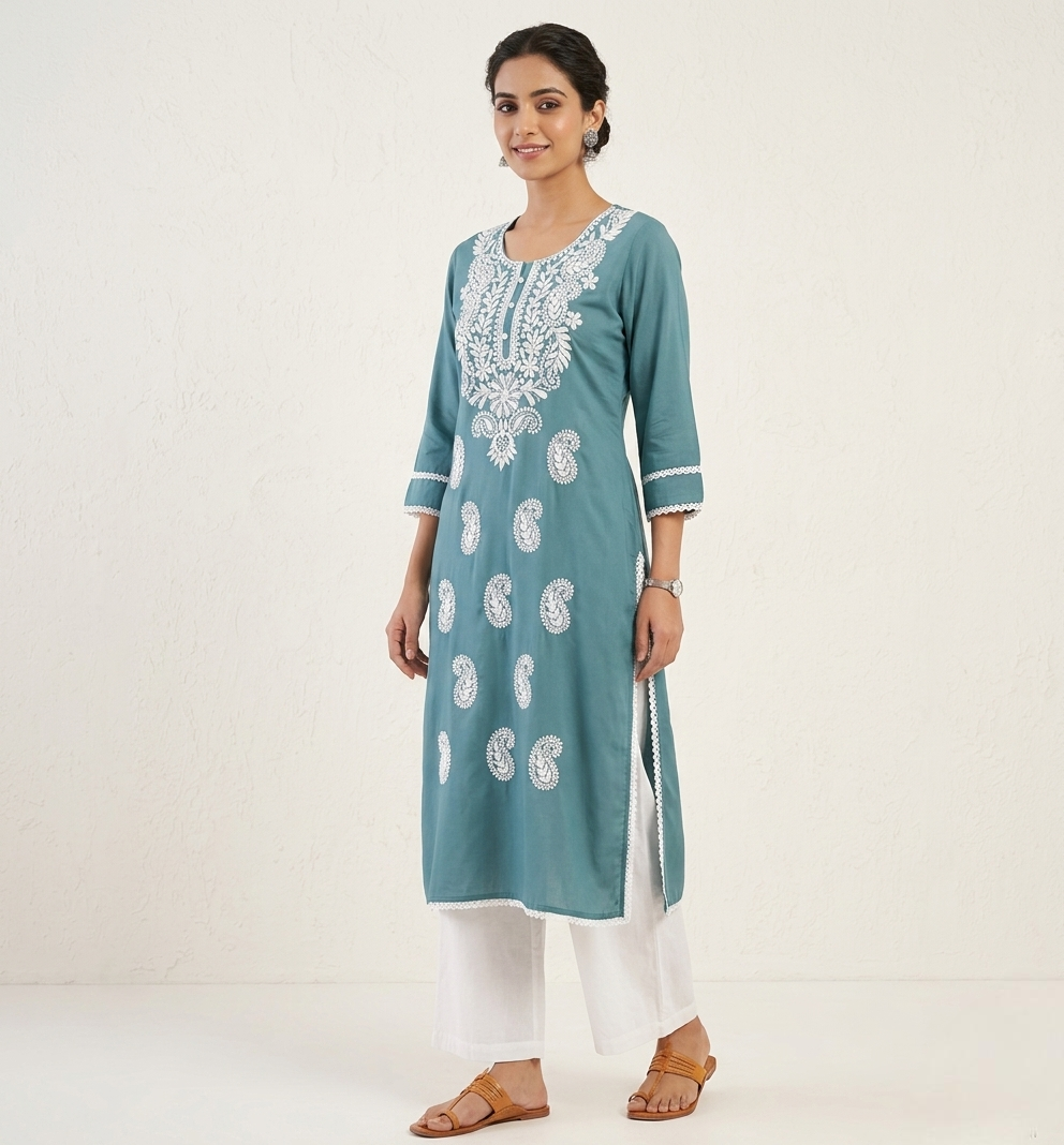 The Azure Vine: Hand-Embroidered Chikankari Kurti in Slate Teal