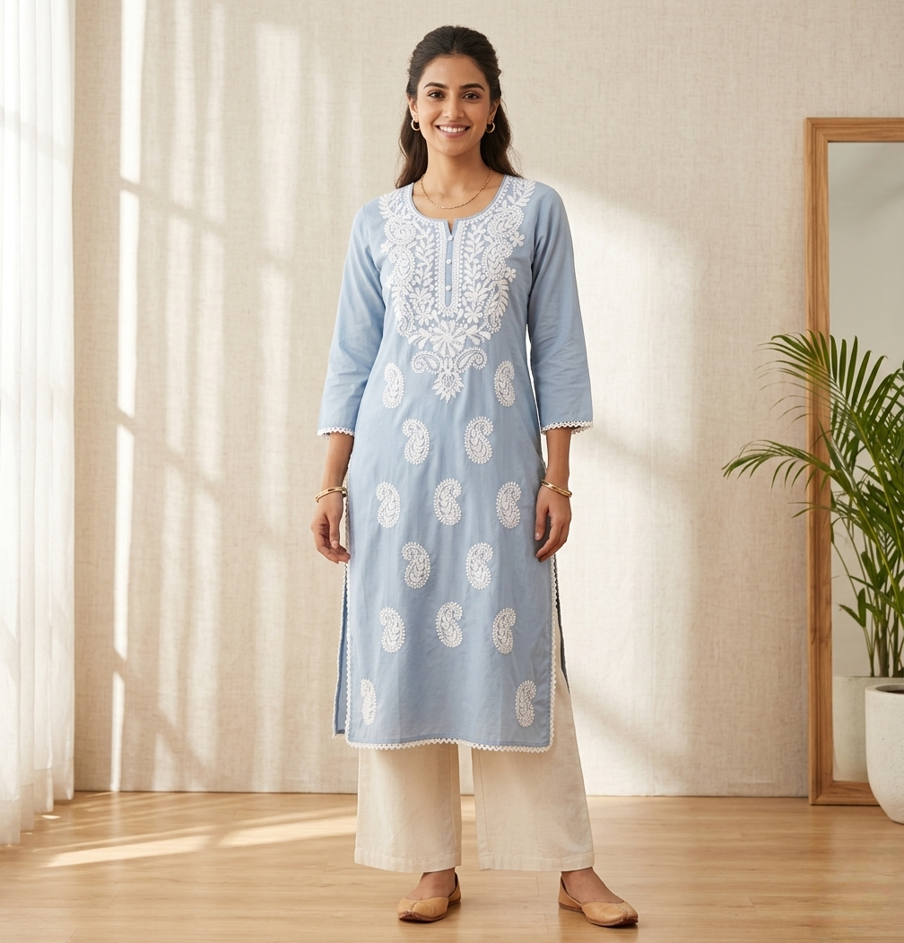 Sky Blue Cotton Chikankari Embroidered Straight Kurti with Lace Borders