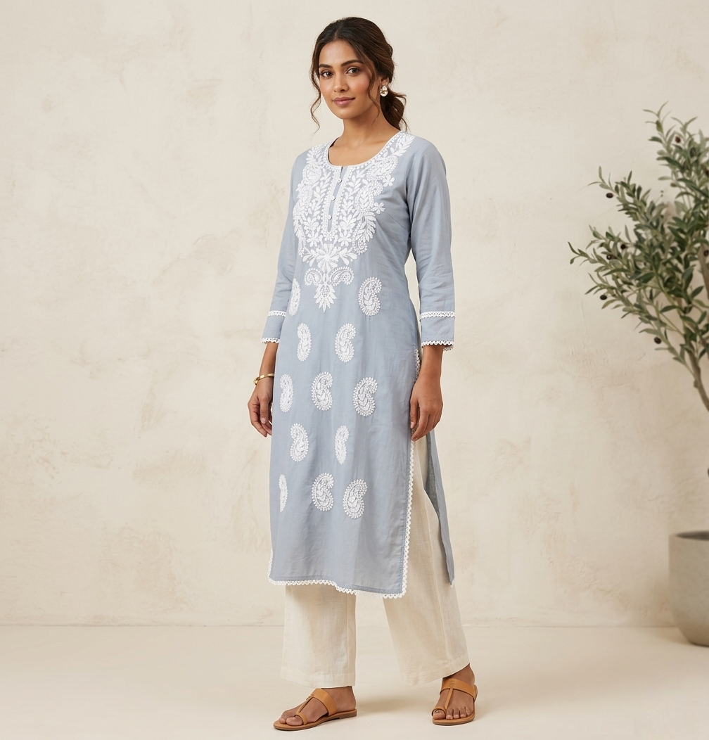 Sky Blue Cotton Chikankari Embroidered Straight Kurti with Lace Borders