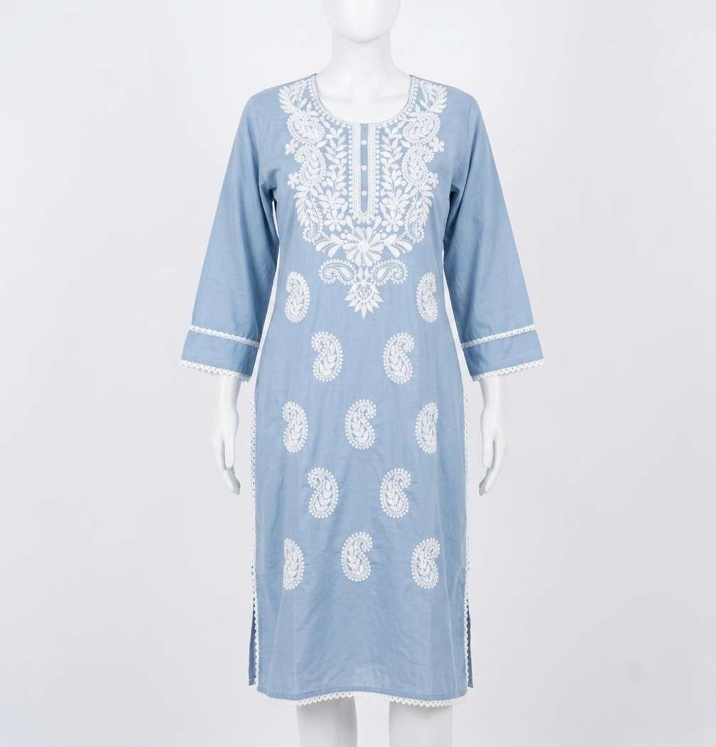 Sky Blue Cotton Chikankari Embroidered Straight Kurti with Lace Borders