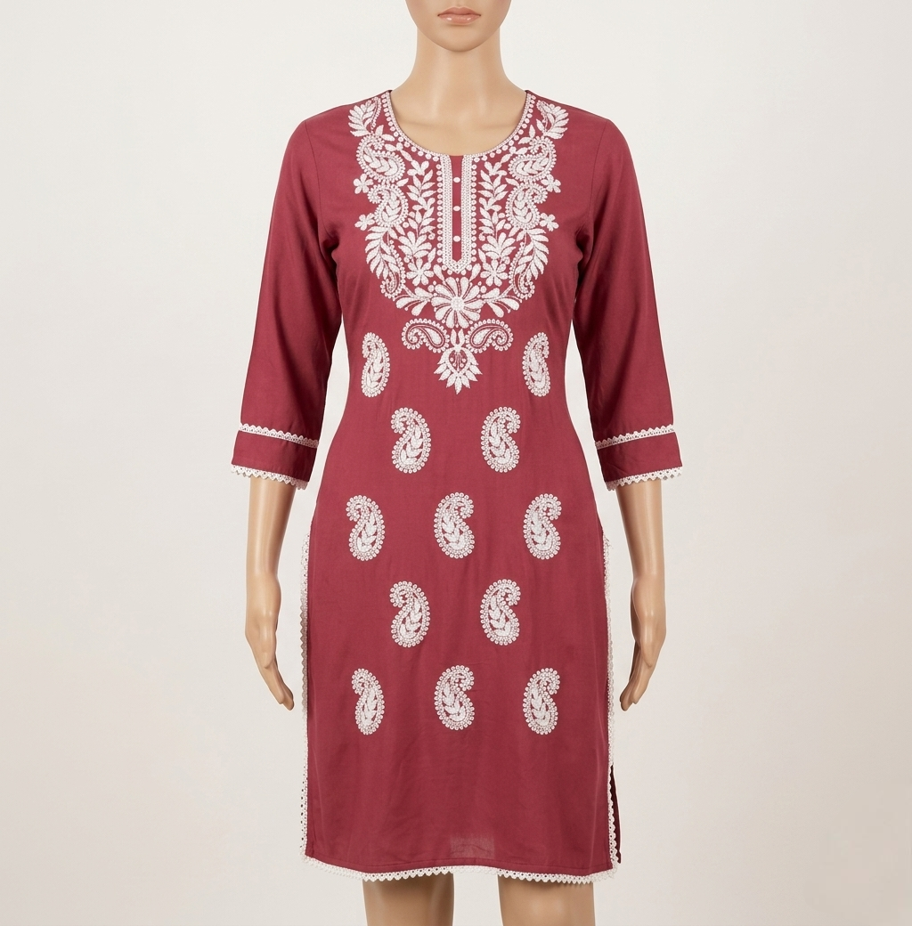 Women's Mauve Mauve Lucknowi Chikankari Kurti with White Paisley Embroidery