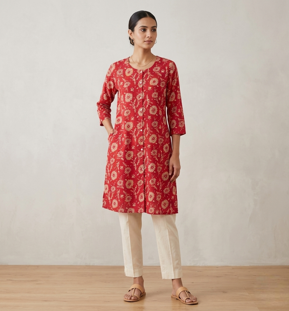 Crimson Bloom: Hand-Block Inspired Floral Kurti in Premium Cotton