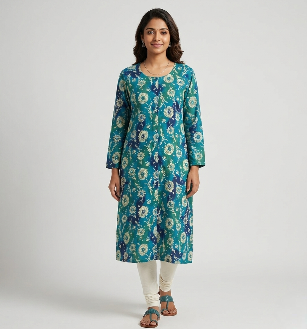 Women's Blue & Teal Floral Printed Cotton Kurti | Long Sleeve Straight Fit Kurta with Front Slit and Button Detail