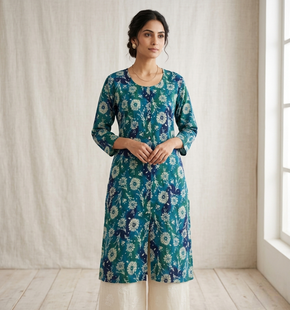 Women's Blue & Teal Floral Printed Cotton Kurti | Long Sleeve Straight Fit Kurta with Front Slit and Button Detail