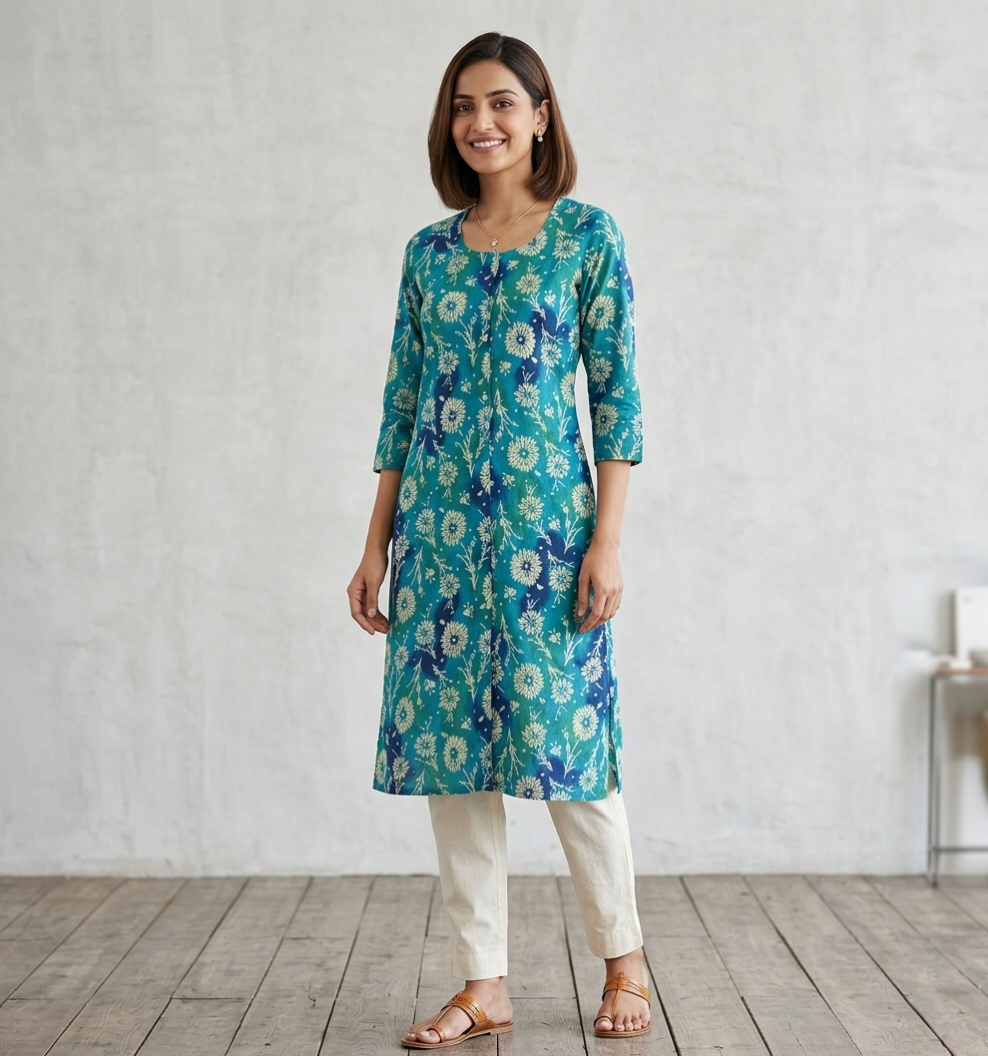 Women's Blue & Teal Floral Printed Cotton Kurti | Long Sleeve Straight Fit Kurta with Front Slit and Button Detail