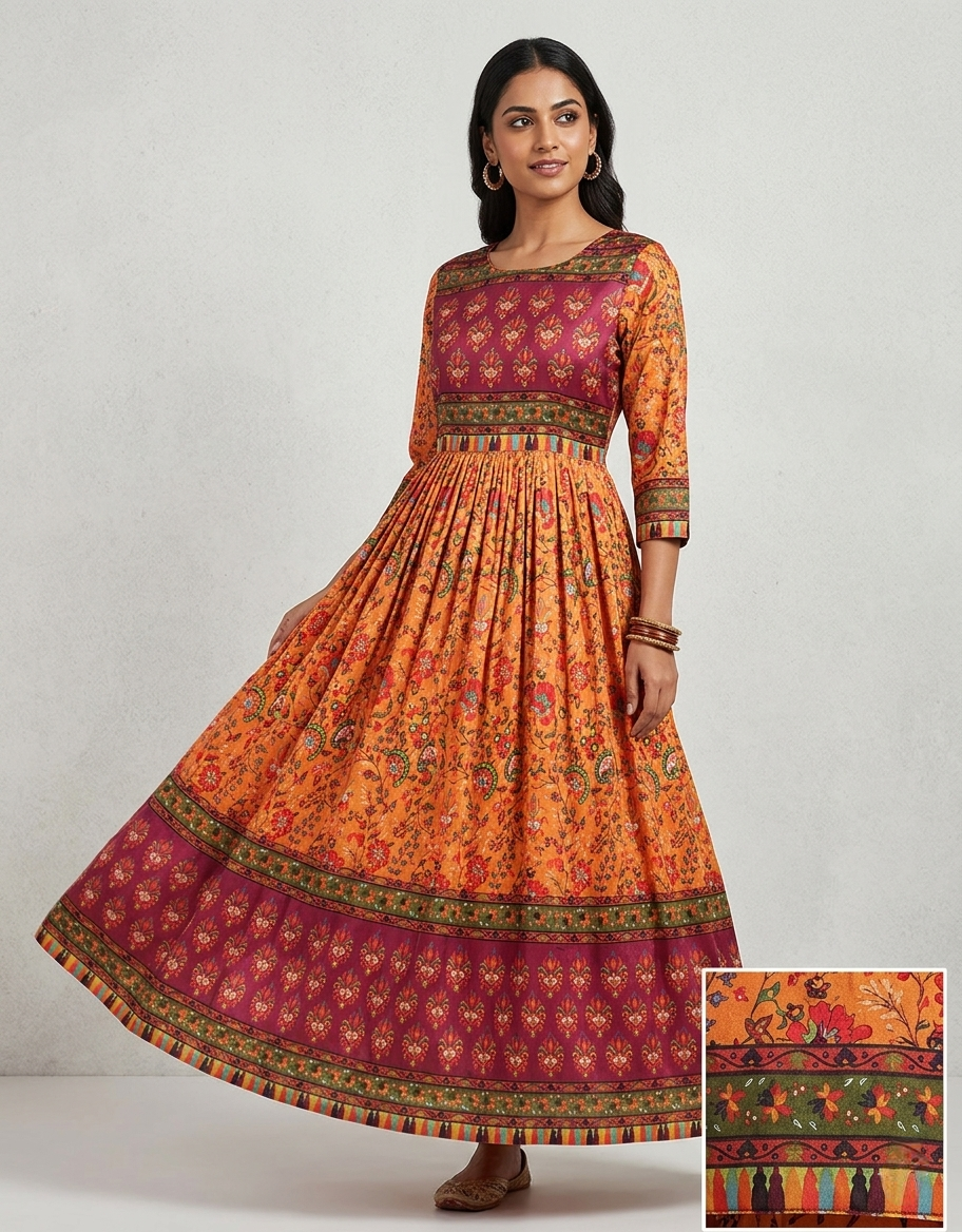 Women's Mustard & Maroon Floral Print Anarkali Kurti - Long Pleated Ethnic Gown
