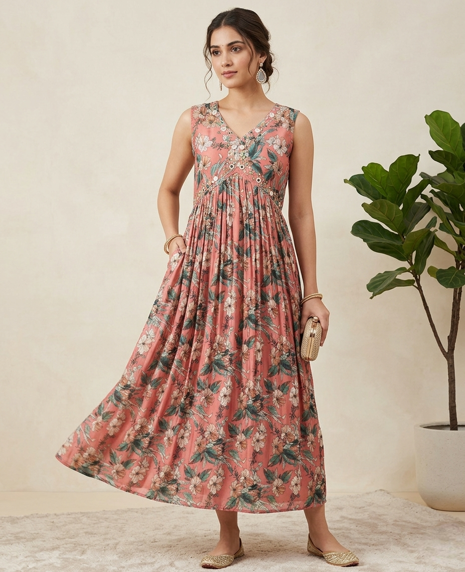 Women’s Floral Print A-Line Anarkali Kurti – Sleeveless(Optional) Georgette Empire Waist Tunic with Button Detailing