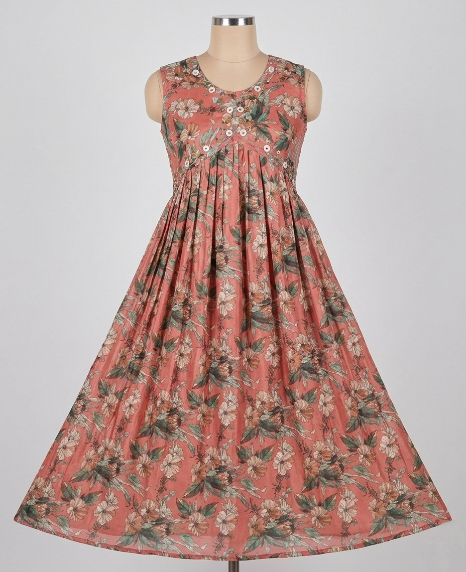 Women’s Floral Print A-Line Anarkali Kurti – Sleeveless(Optional) Georgette Empire Waist Tunic with Button Detailing