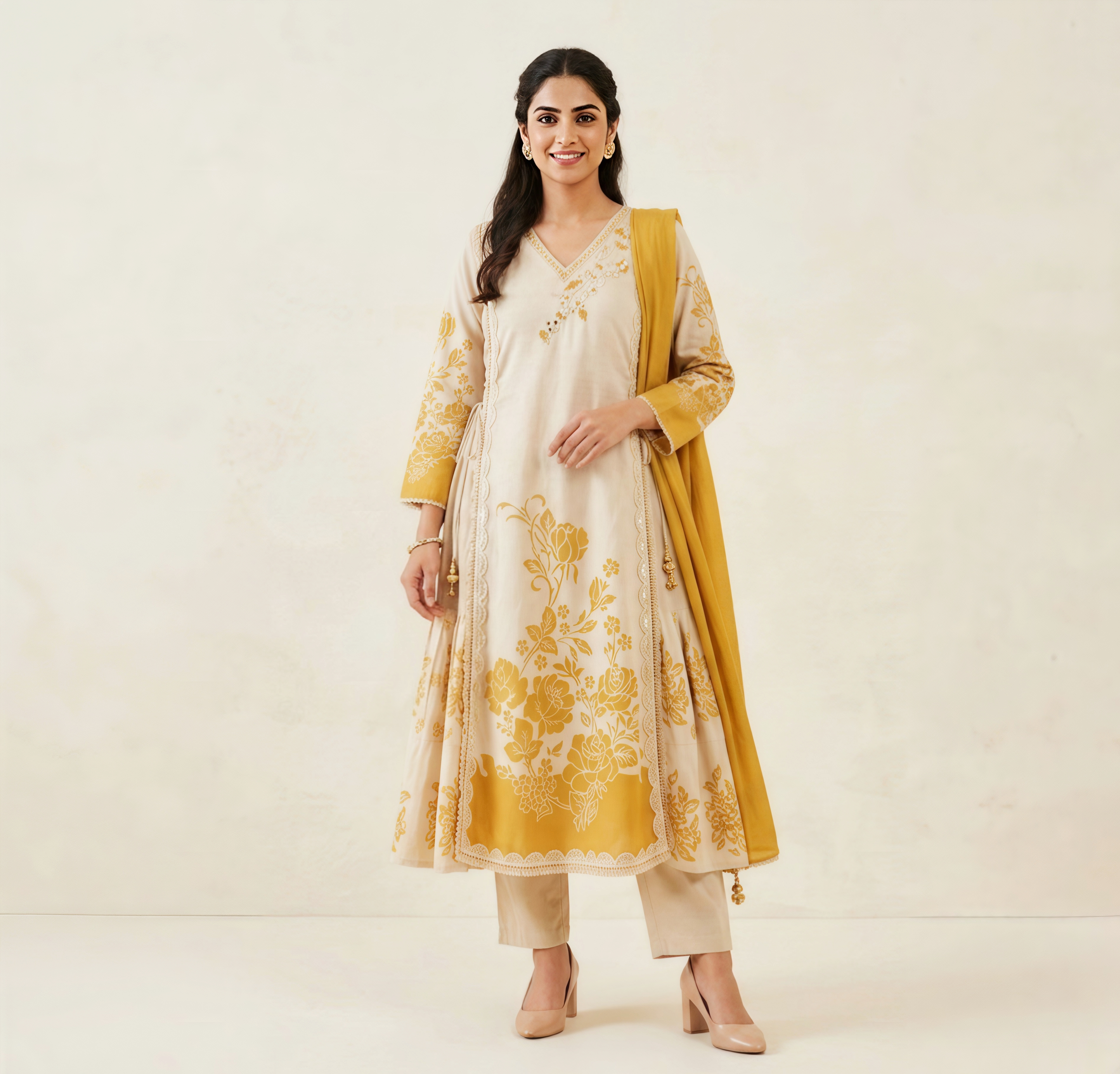 Floral Print Cotton Anarkali Kurta Set with Mustard Dupatta – 3-Piece Ethnic Suit