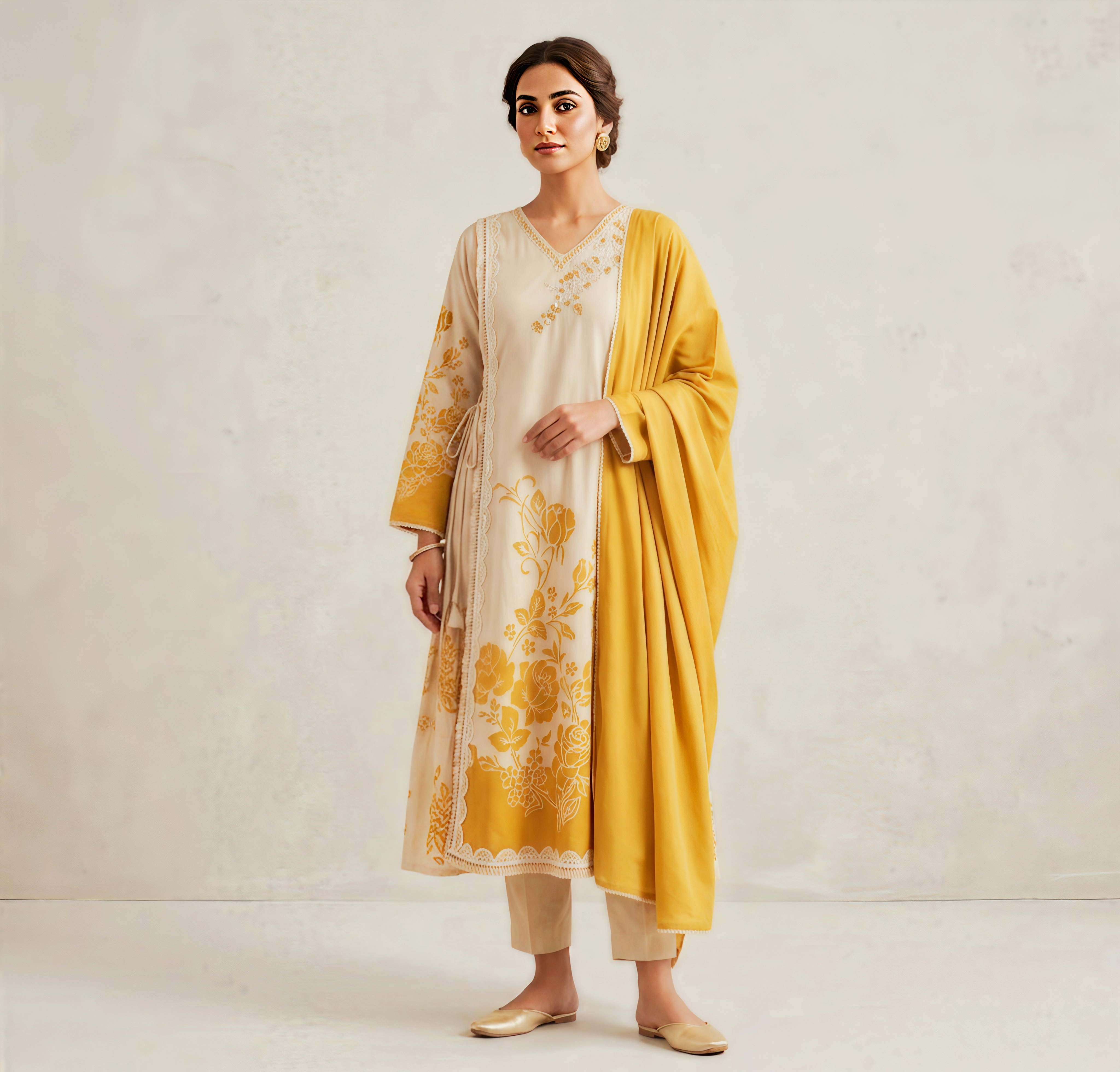 Floral Print Cotton Anarkali Kurta Set with Mustard Dupatta – 3-Piece Ethnic Suit