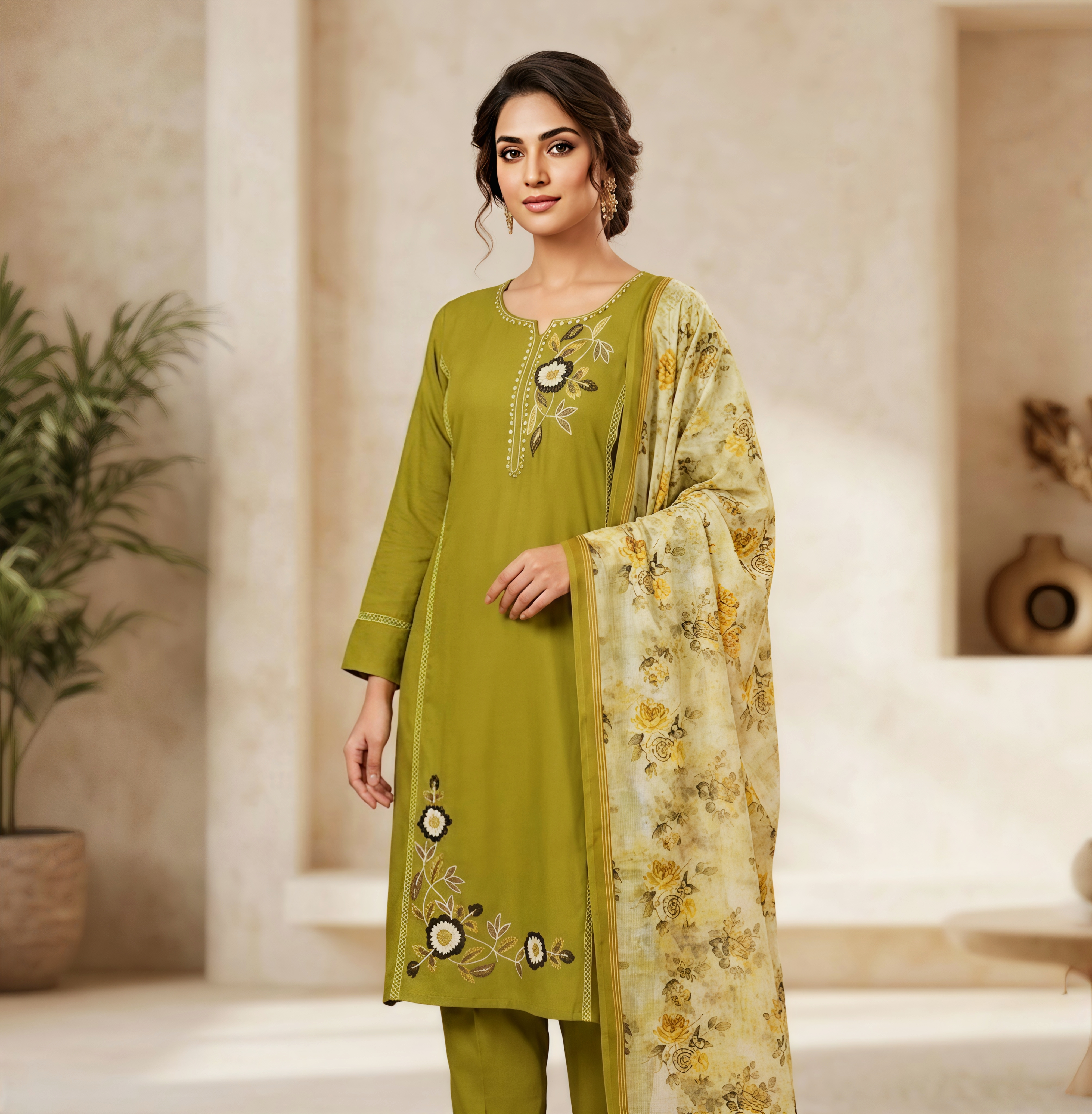 Olive Green Embroidered Cotton Kurti Set with Floral Print Dupatta - 3 Piece Suit