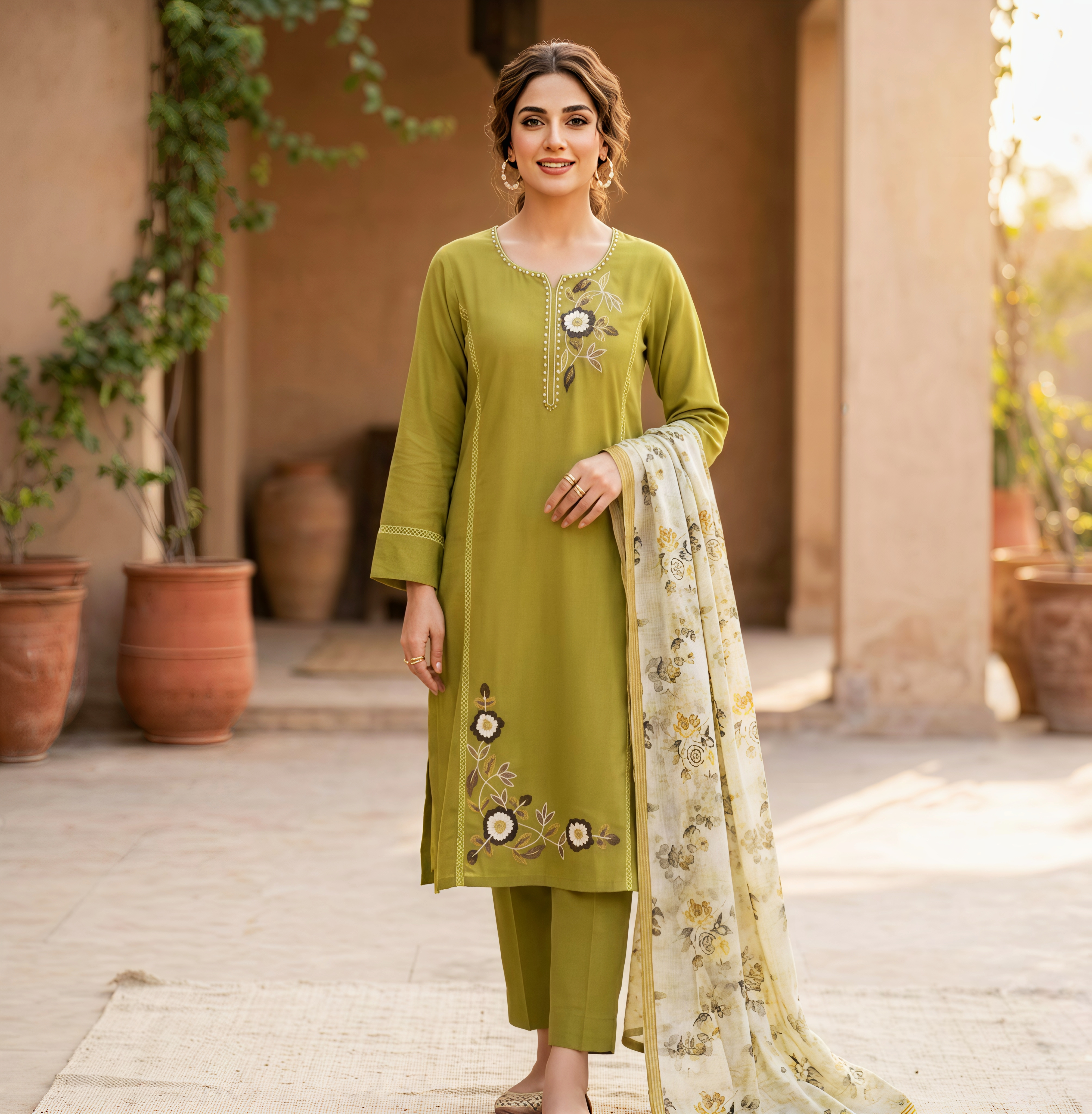 Olive Green Embroidered Cotton Kurti Set with Floral Print Dupatta - 3 Piece Suit