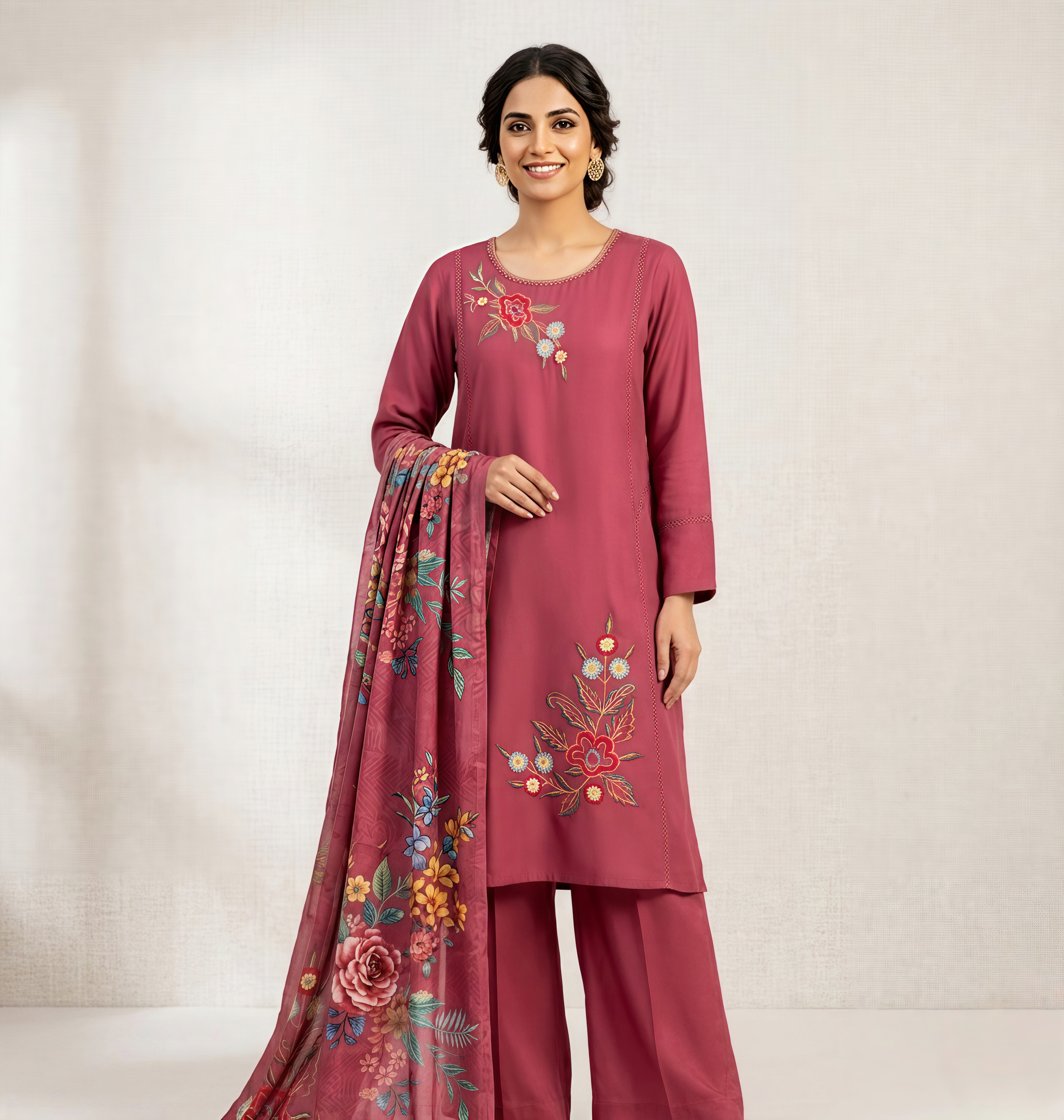 Mauve Floral Embroidered Kurta Set with Digitally Printed Dupatta