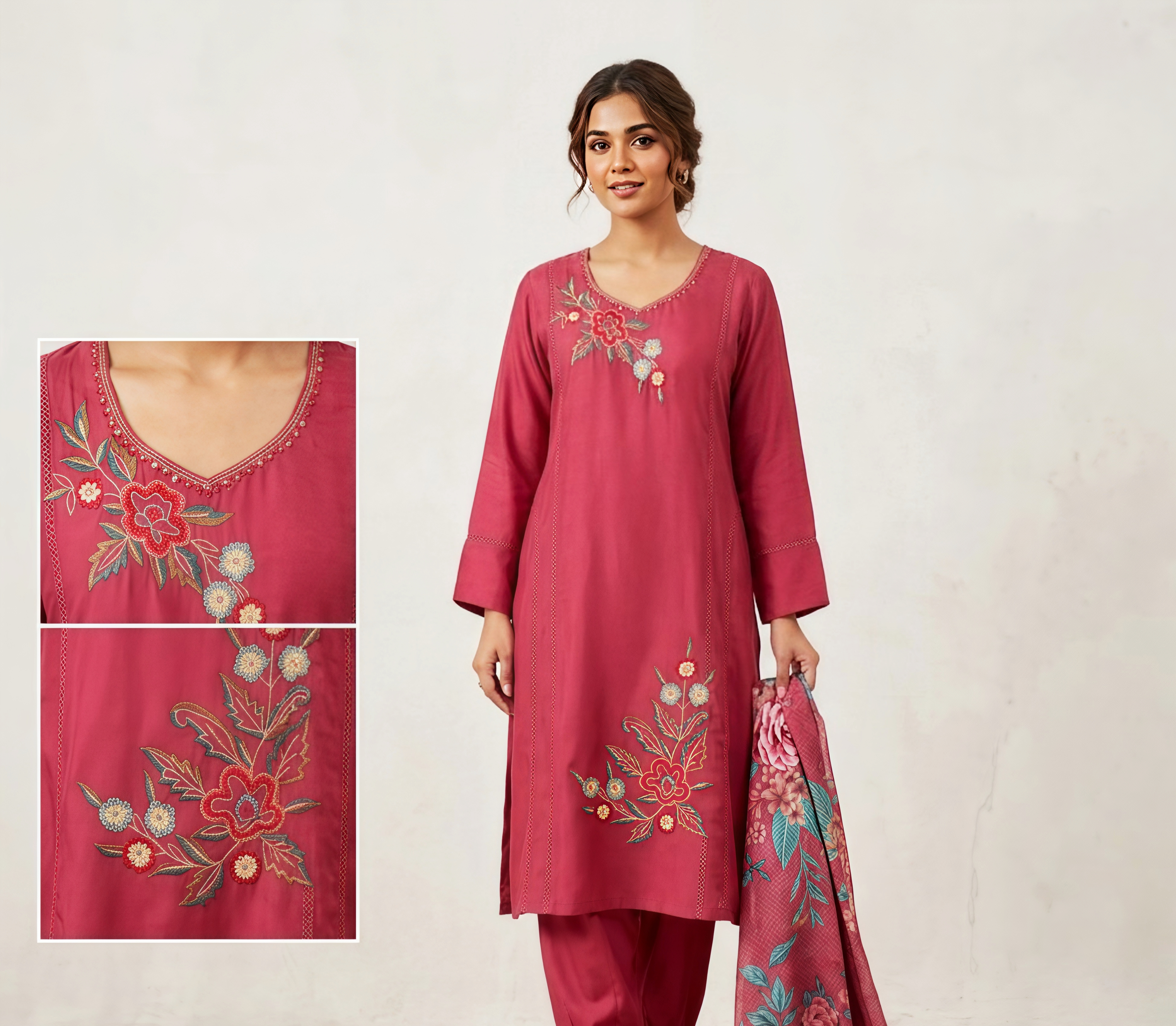Mauve Floral Embroidered Kurta Set with Digitally Printed Dupatta