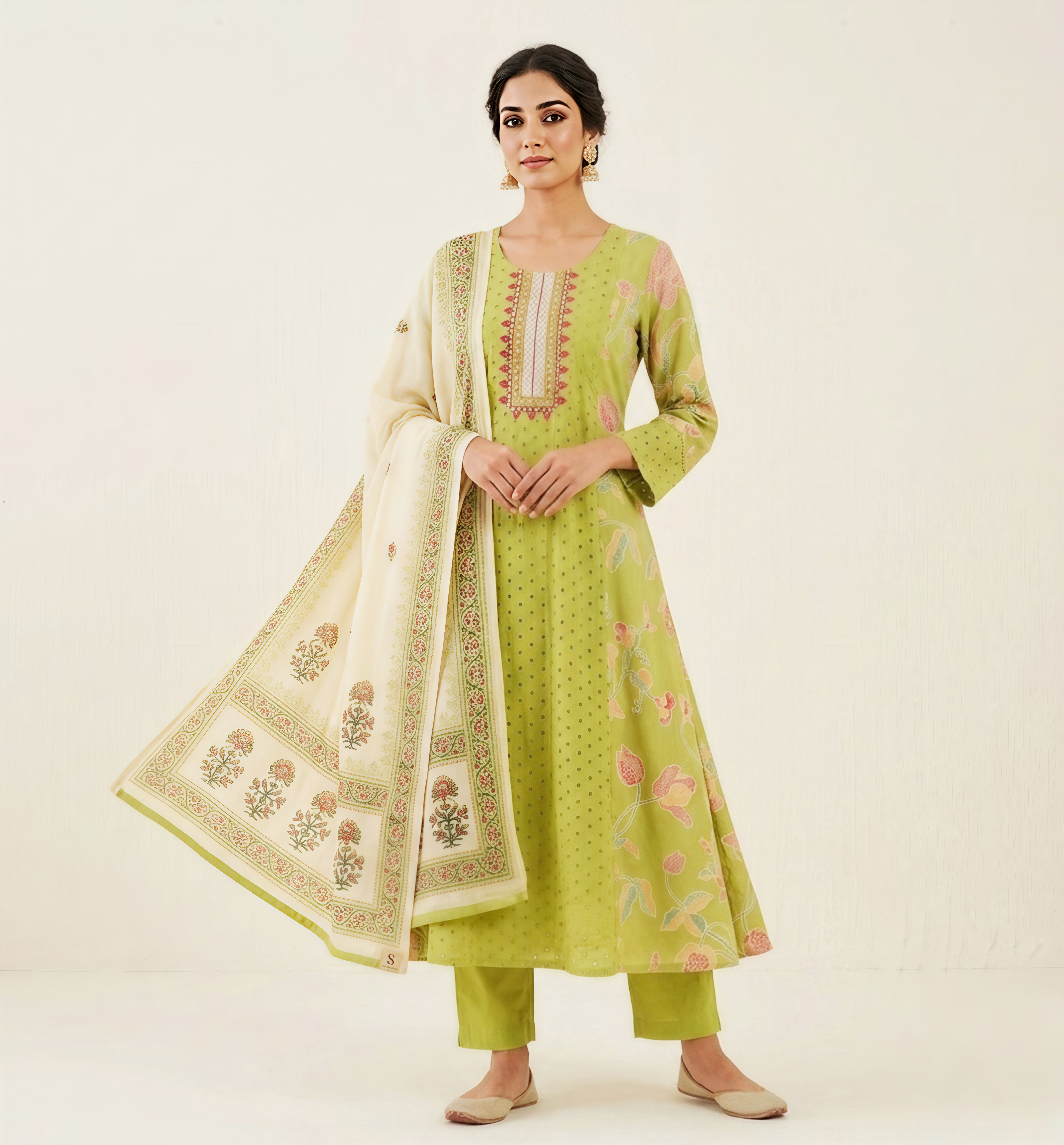 Olive Green Floral Printed Anarkali Kurta Set with Embroidered Neckline & Off-White Dupatta