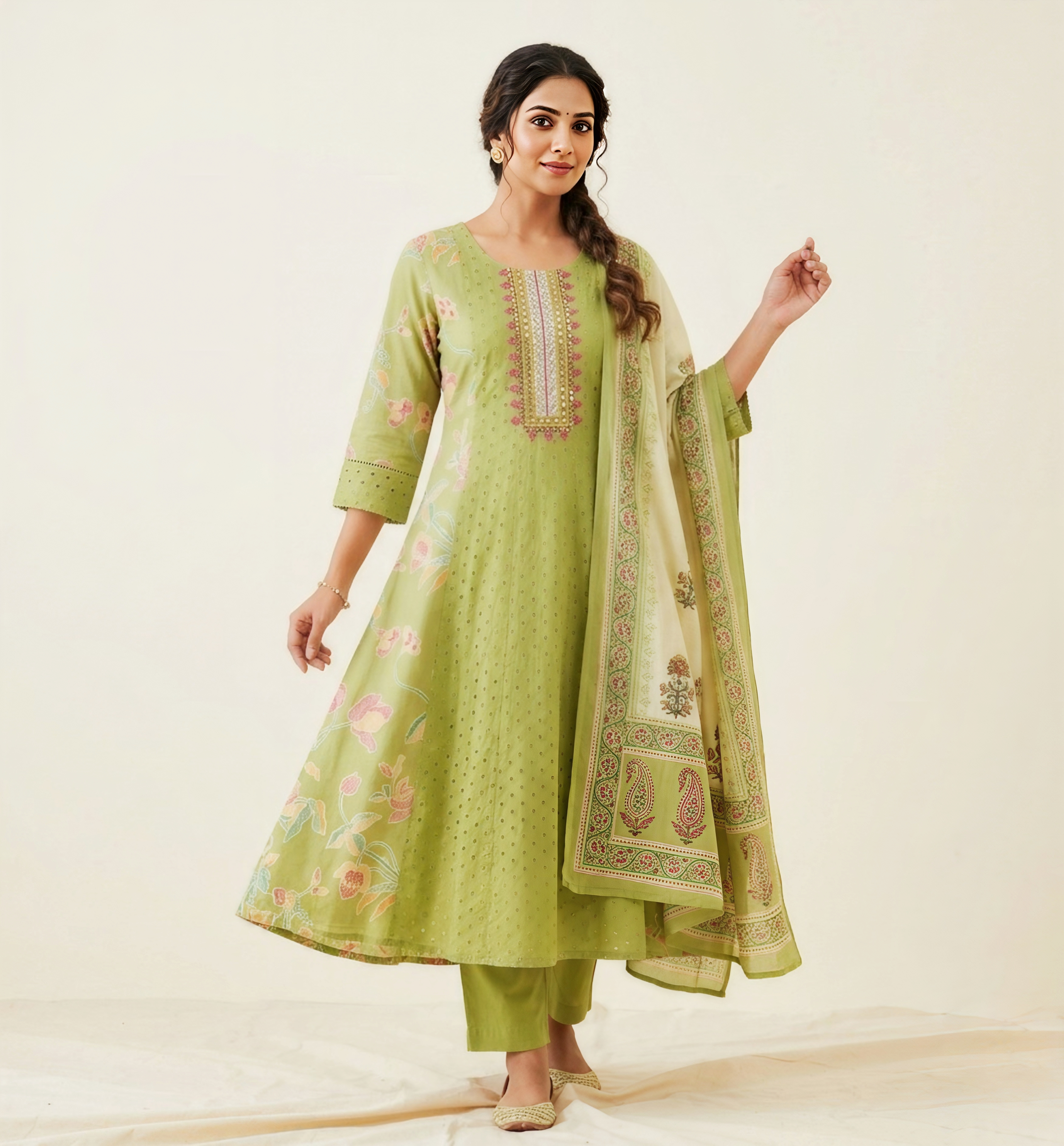 Olive Green Floral Printed Anarkali Kurta Set with Embroidered Neckline & Off-White Dupatta