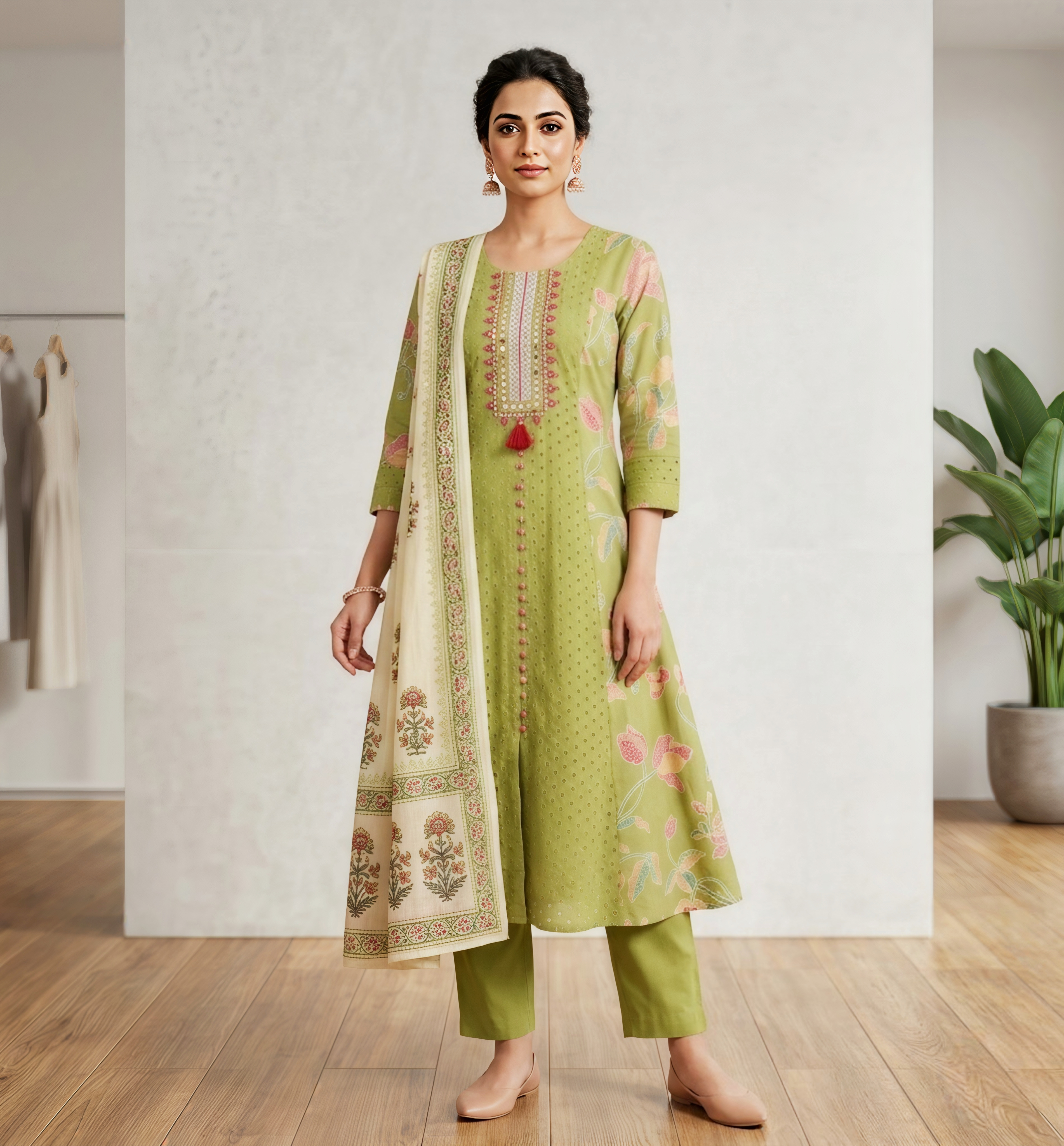 Olive Green Floral Printed Anarkali Kurta Set with Embroidered Neckline & Off-White Dupatta