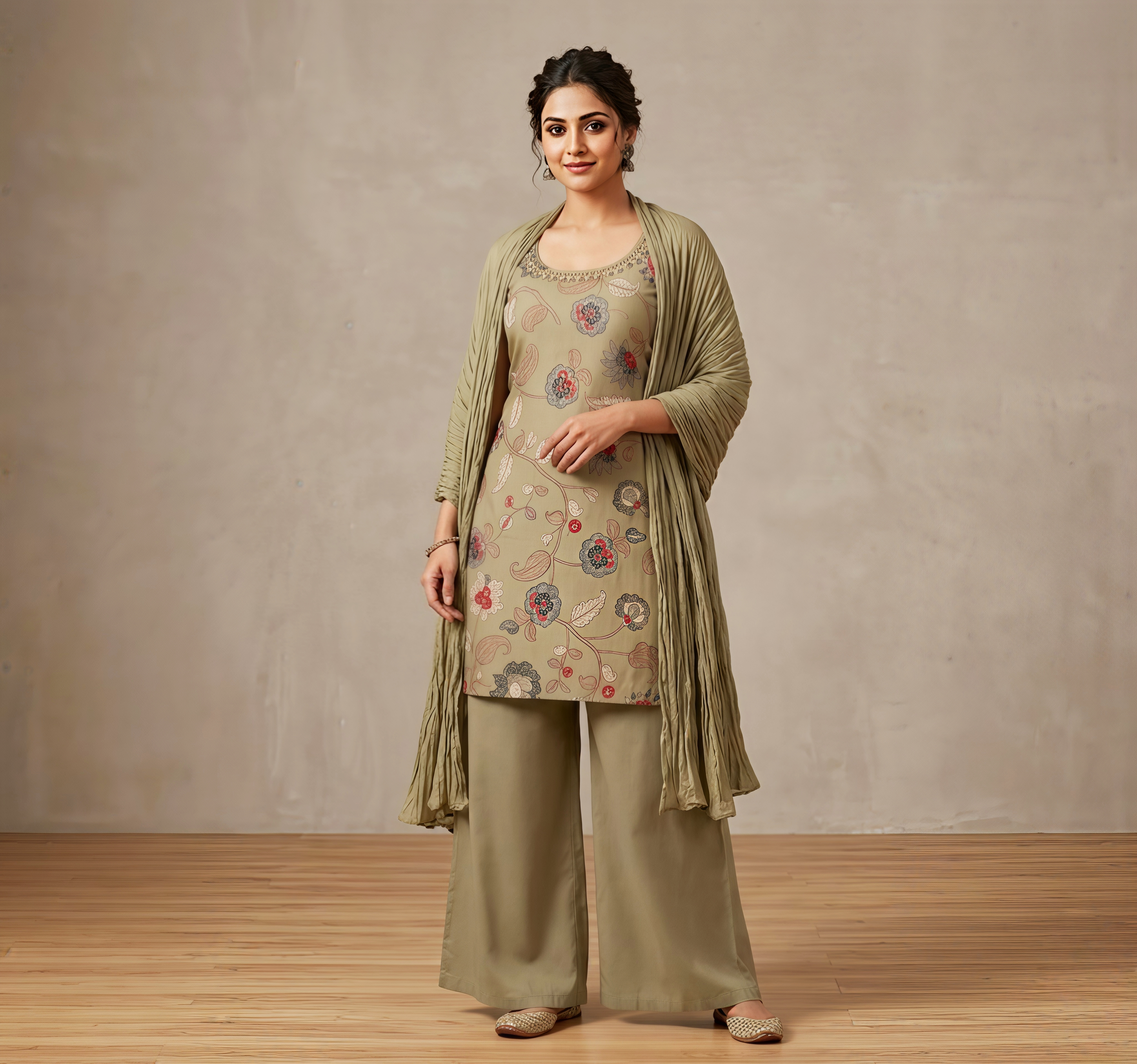 Floral Print Sleeveless (Optional) Kurti with Straight Pants and Crinkled Dupatta – Sage Green