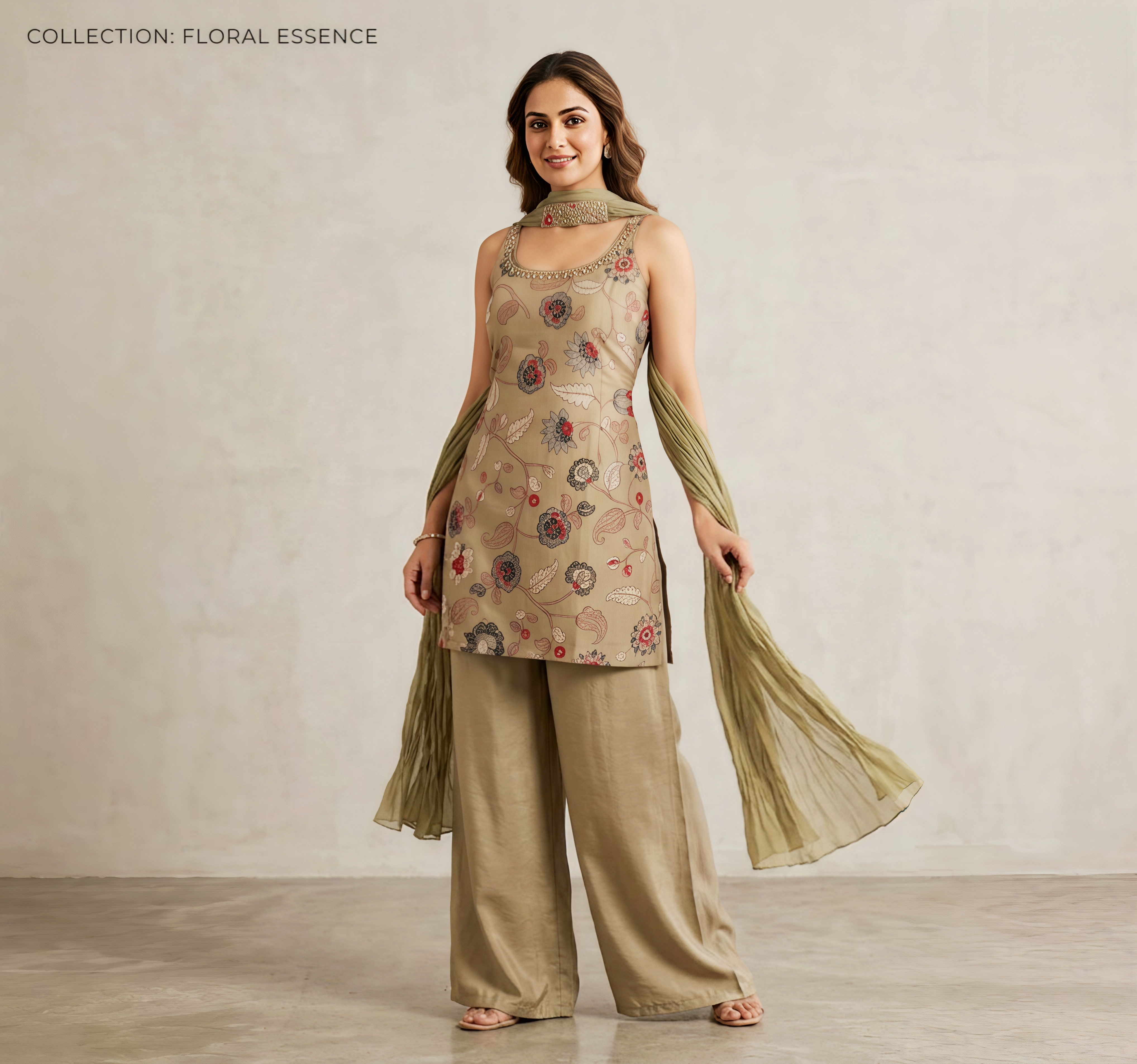 Floral Print Sleeveless (Optional) Kurti with Straight Pants and Crinkled Dupatta – Sage Green