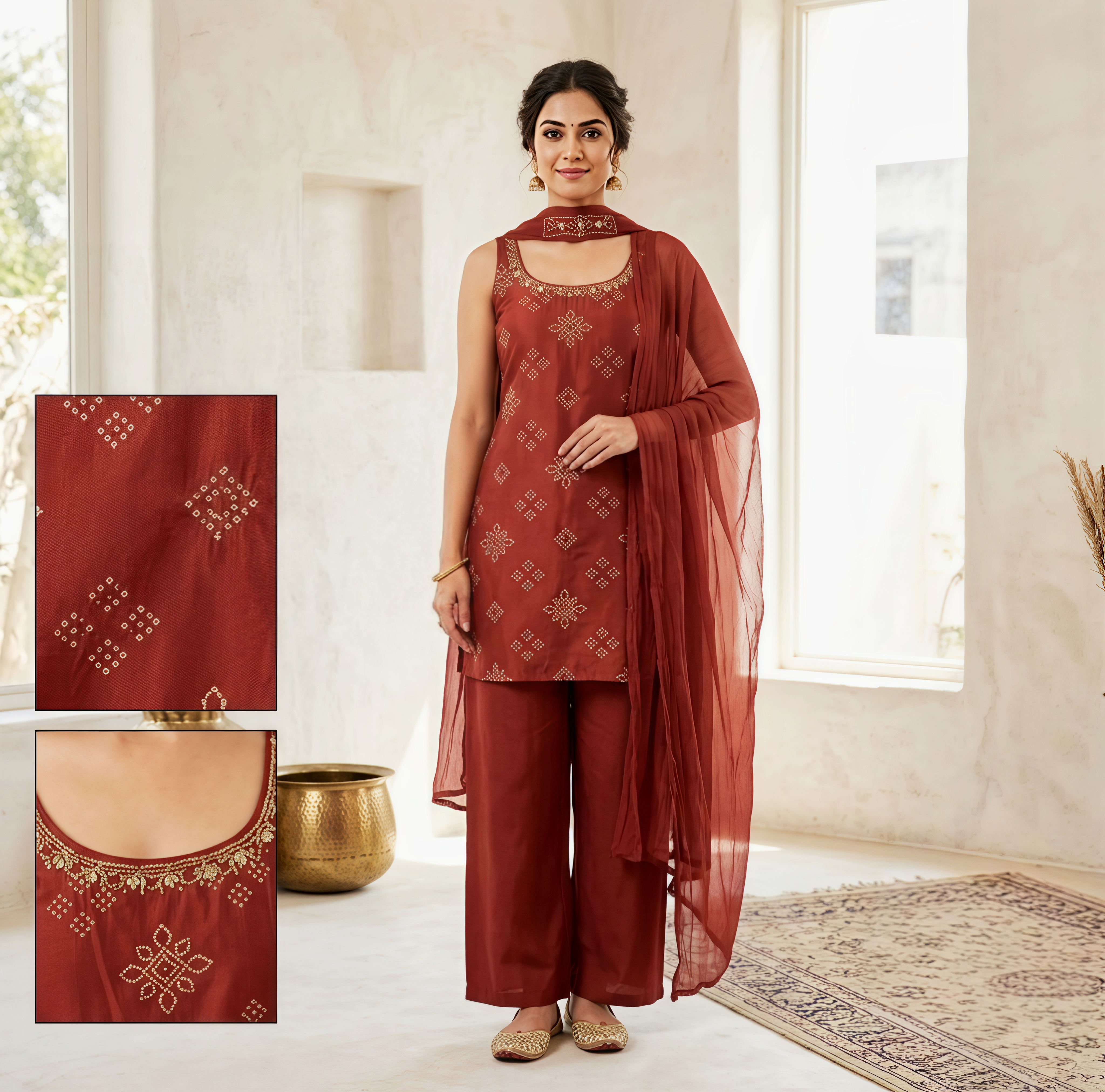 Rust Terracotta Embroidered Sleeveless (Optional) Kurta with Wide-Leg Palazzos & Dupatta Set