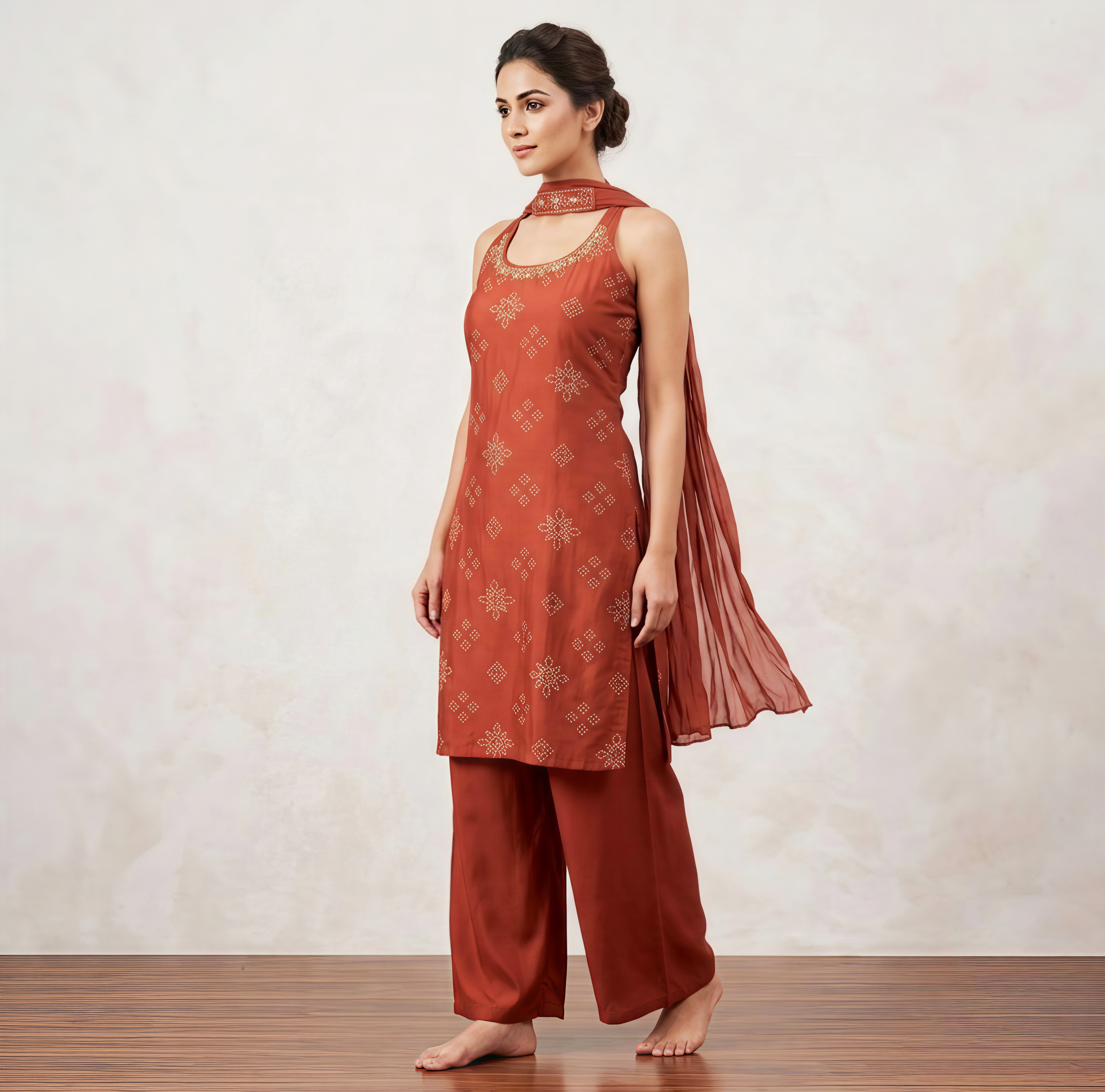 Rust Terracotta Embroidered Sleeveless (Optional) Kurta with Wide-Leg Palazzos & Dupatta Set