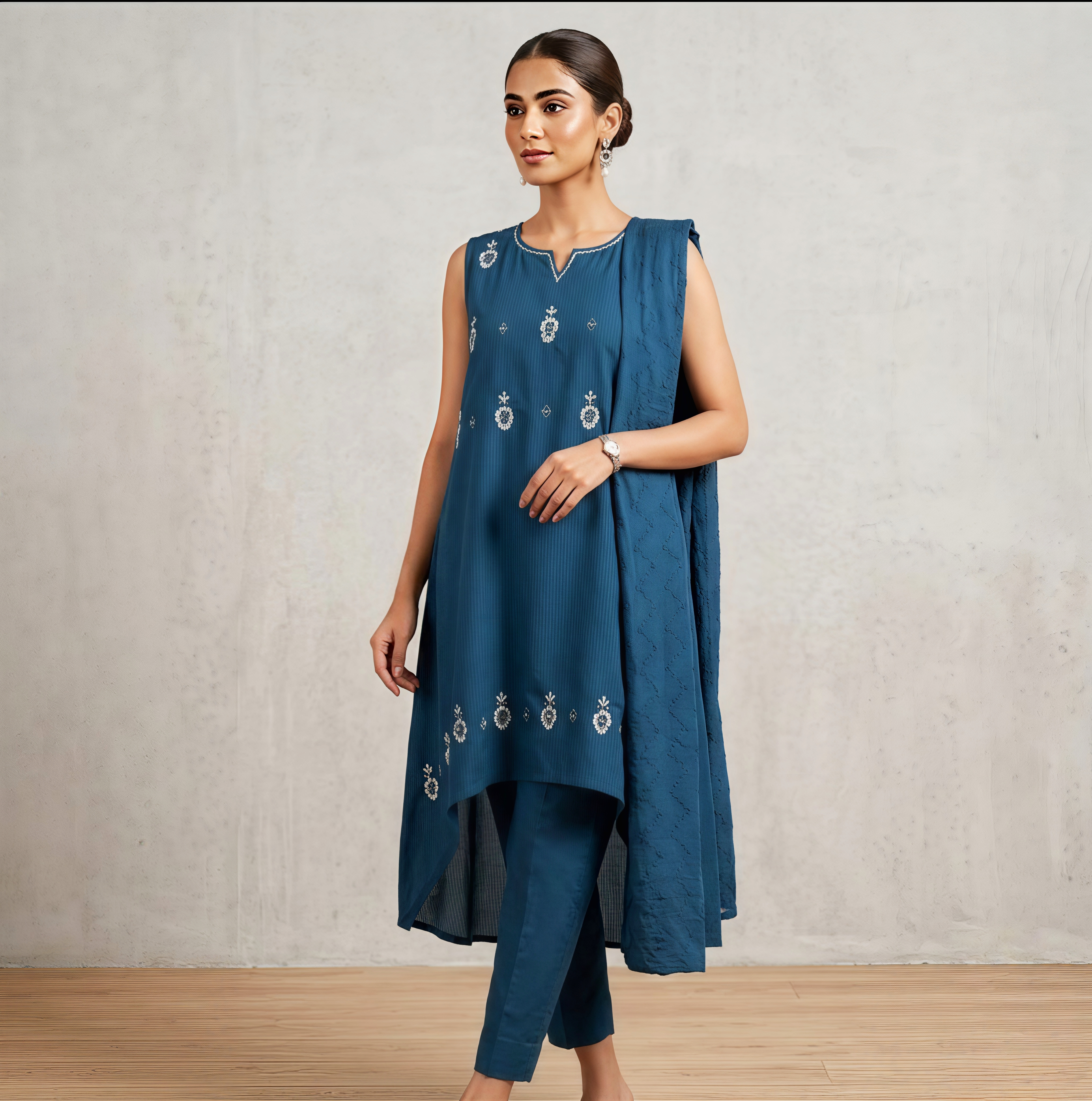 Navy Blue Embroidered Asymmetrical Kurta Set with Dupatta – 3 Piece Set
