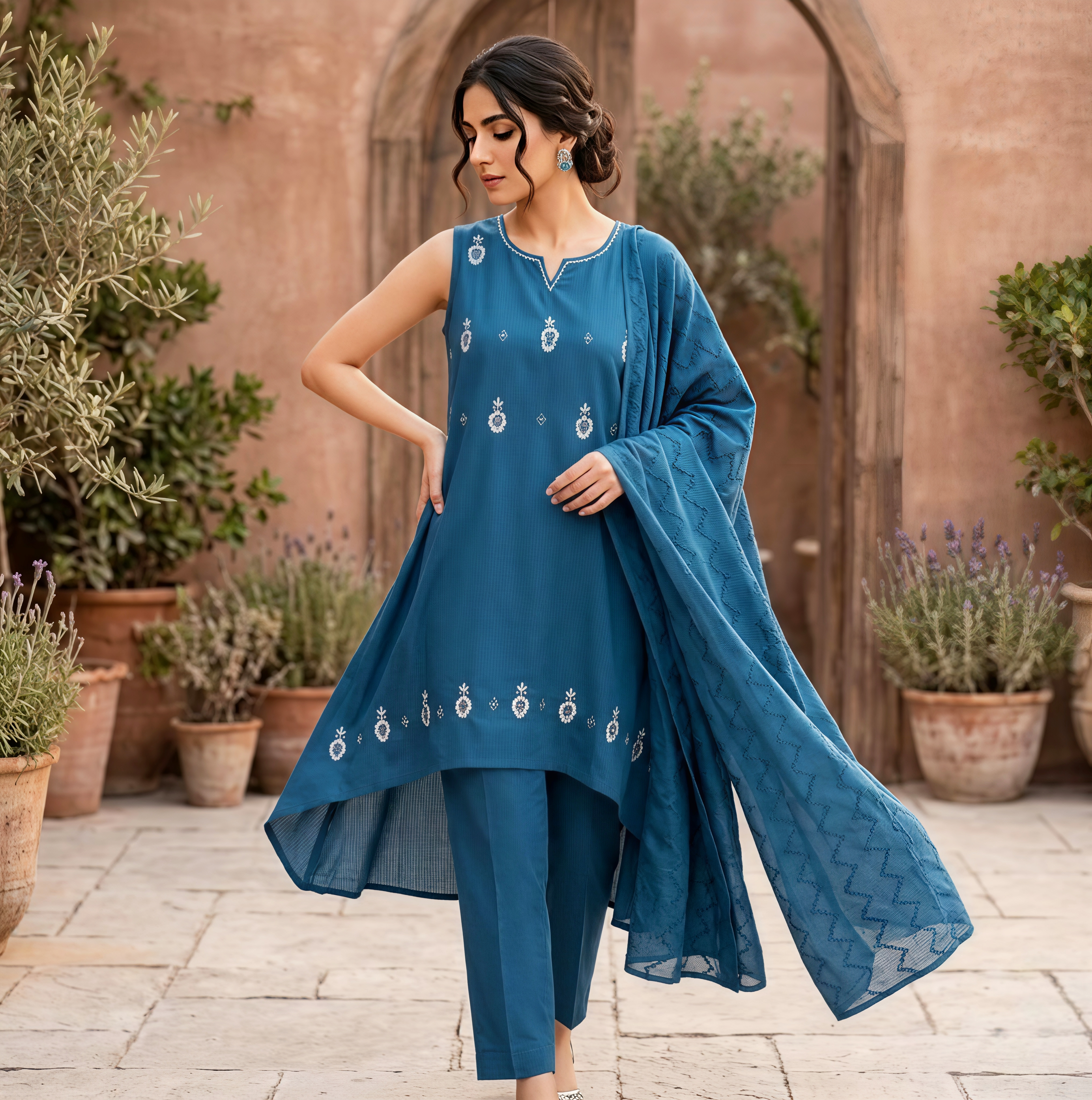 Navy Blue Embroidered Asymmetrical Kurta Set with Dupatta – 3 Piece Set