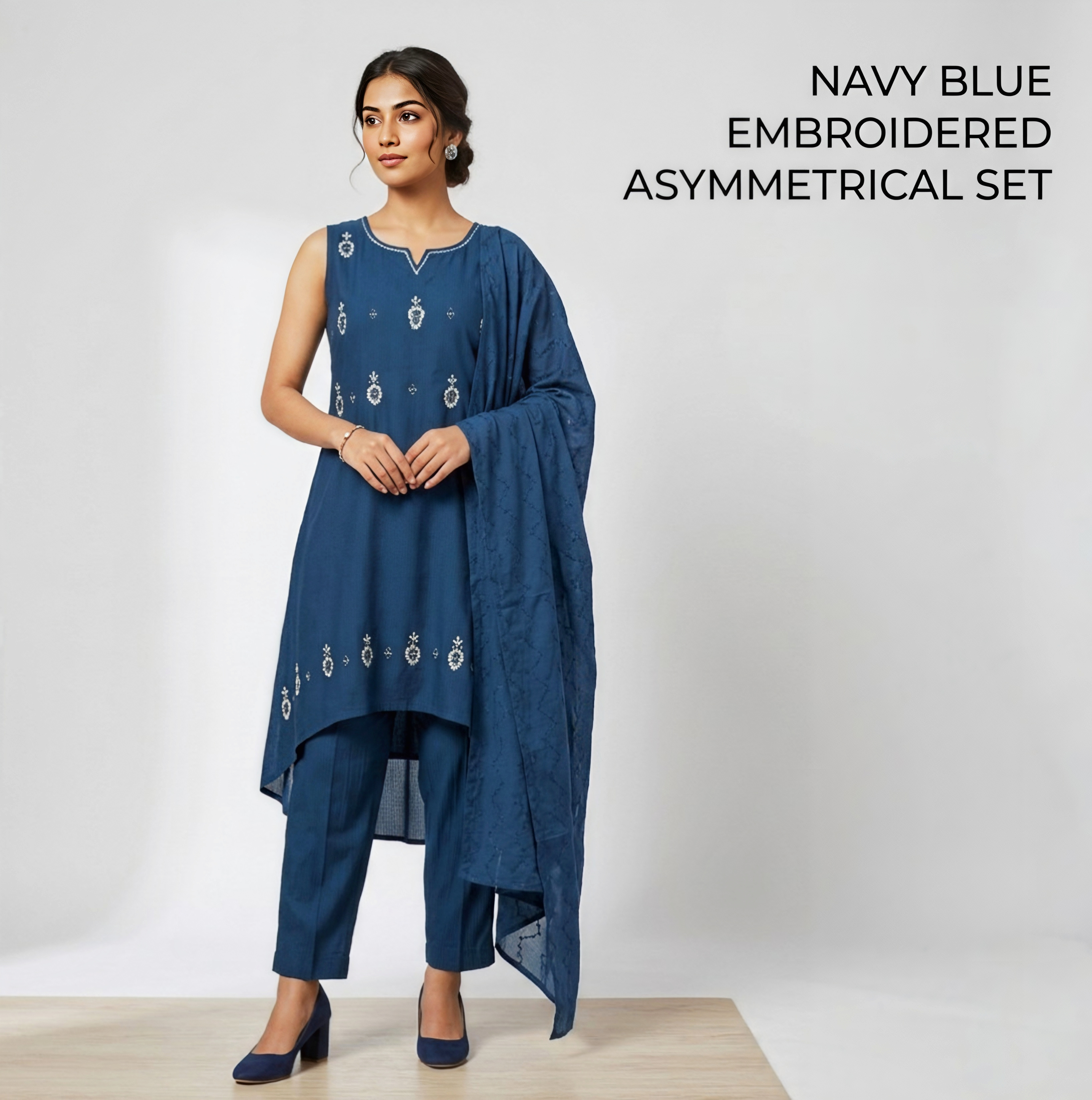 Navy Blue Embroidered Asymmetrical Kurta Set with Dupatta – 3 Piece Set