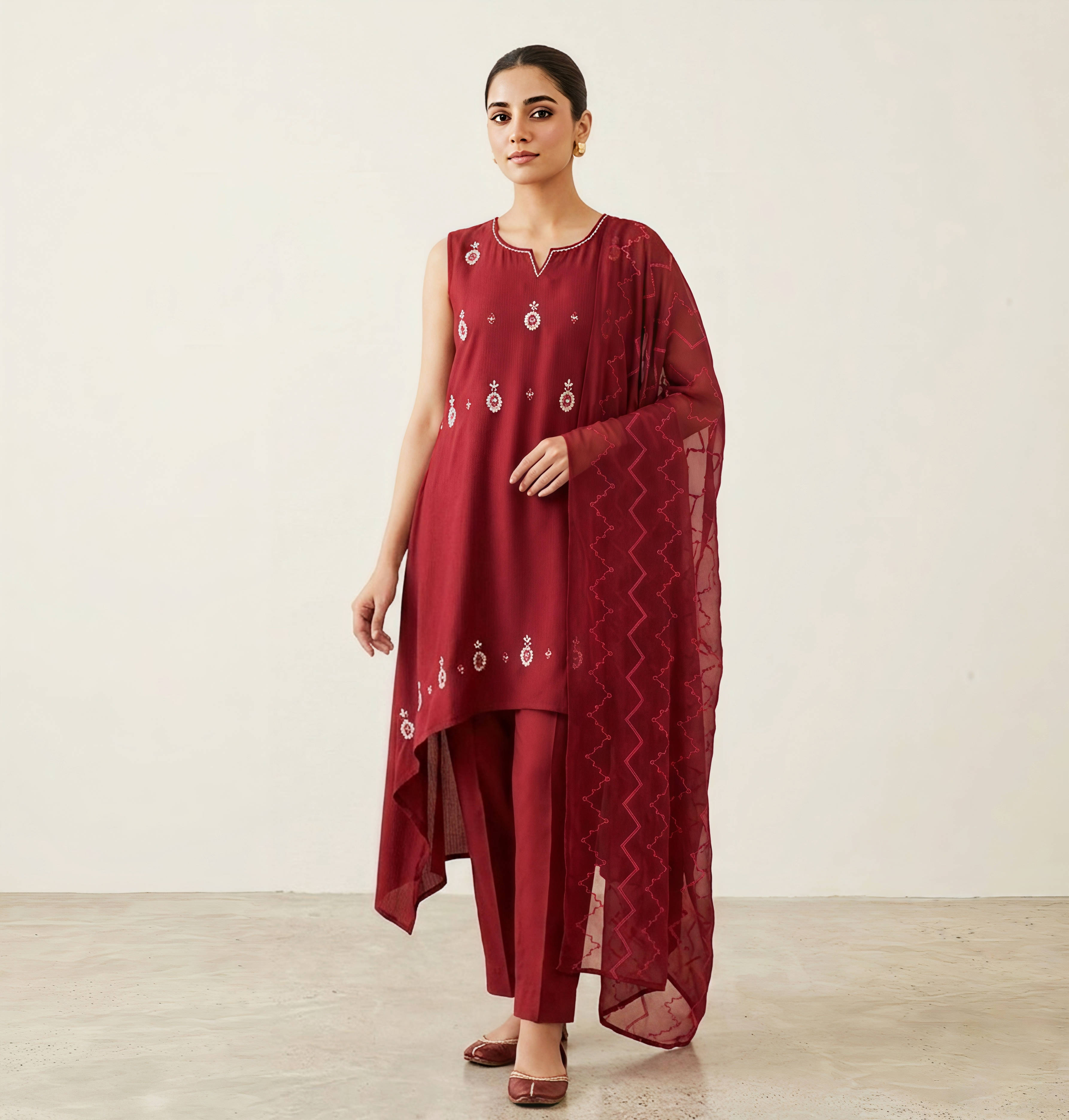 Deep Maroon Asymmetric Kurta Set with Intricate Embroidery & Matching Dupatta