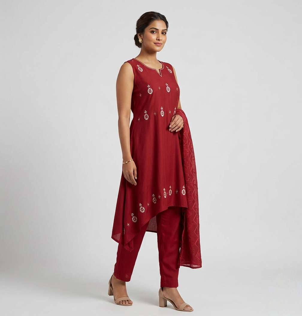 Deep Maroon Asymmetric Kurta Set with Intricate Embroidery & Matching Dupatta
