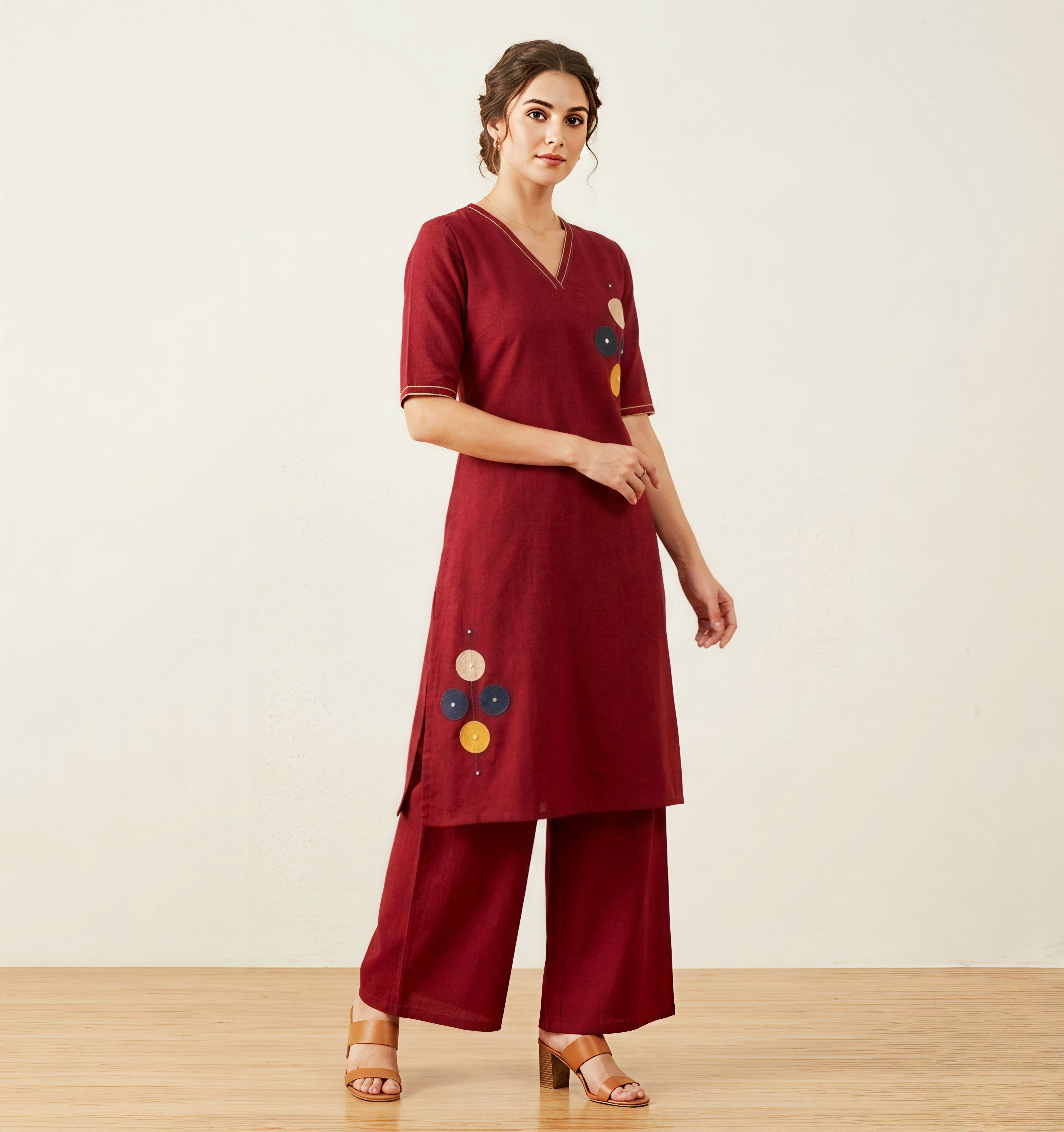 Deep Maroon Fusion Wear Co-ord Set – Kurta and Palazzo with Geometric Patchwork