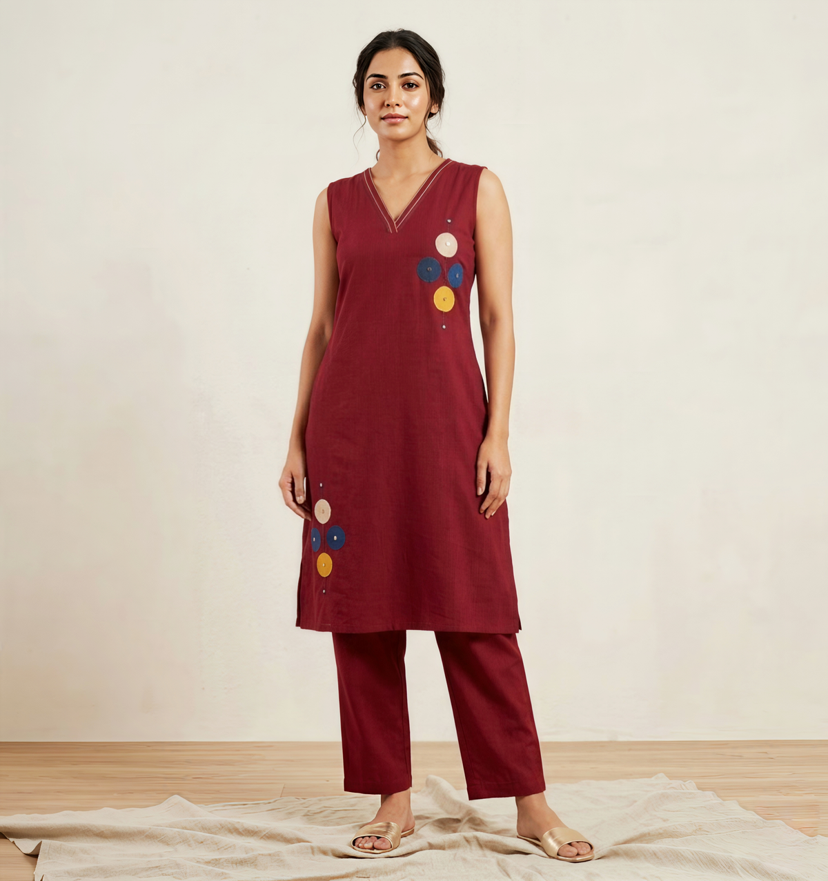 Deep Maroon Fusion Wear Co-ord Set – Kurta and Palazzo with Geometric Patchwork