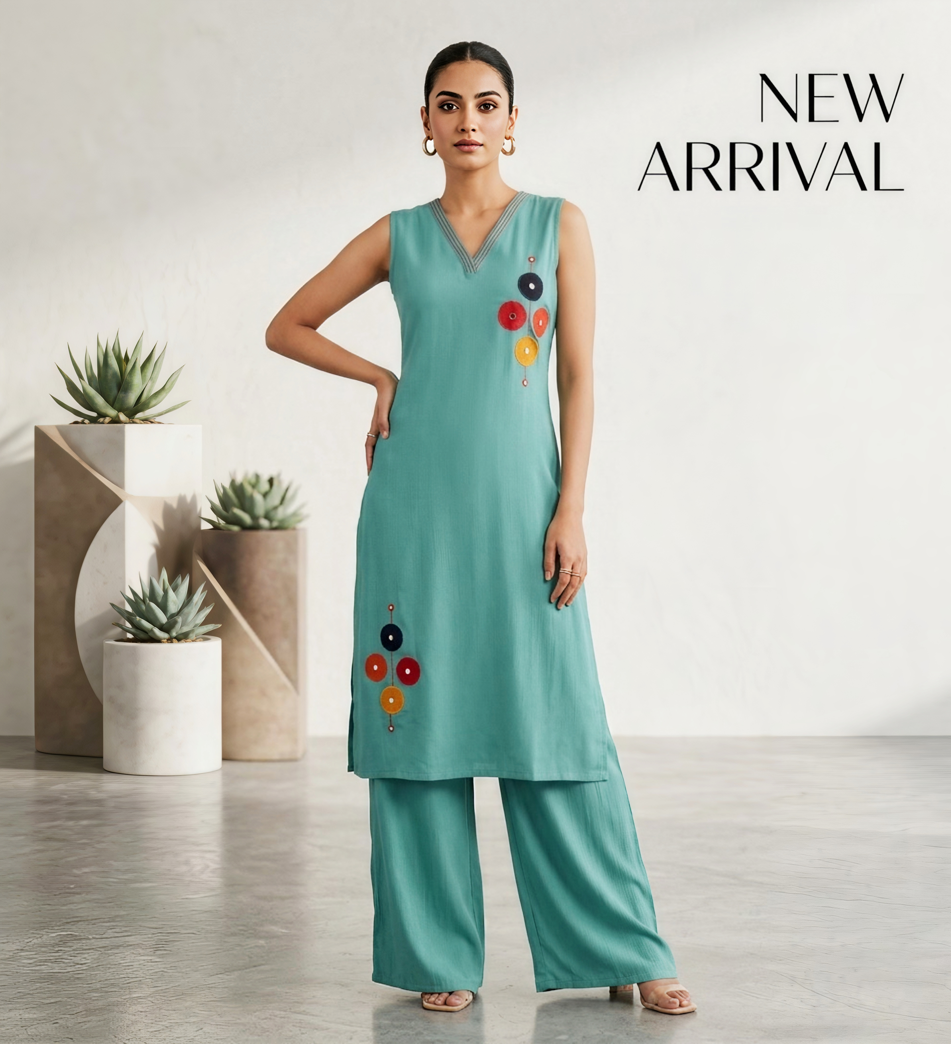 Teal Palazzo Set – V-Neck Sleeveless Kurta with Modern Art Details