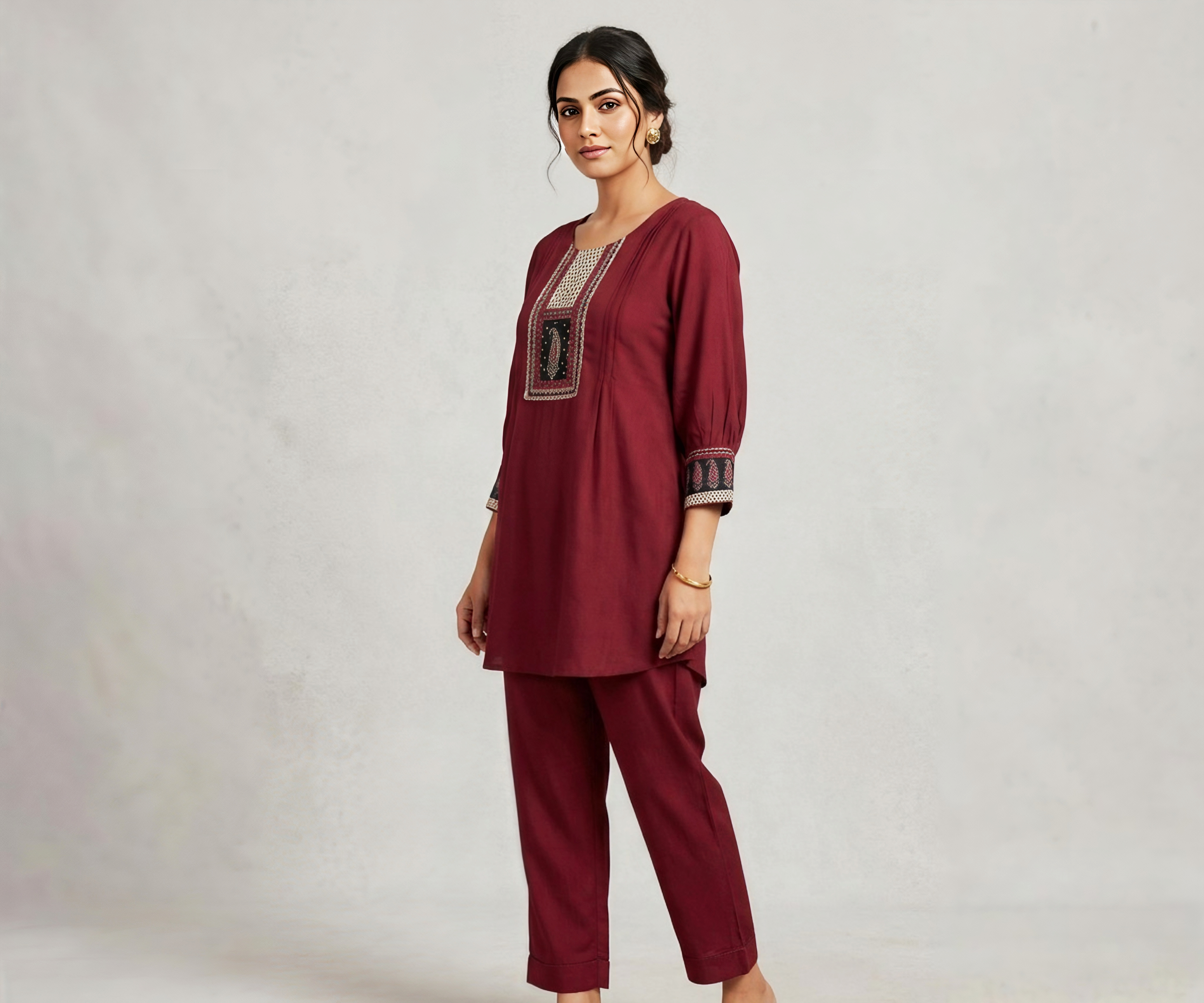 Women’s Maroon Embroidered Short Kurti and Pant Set – Heritage Collection Co-ord