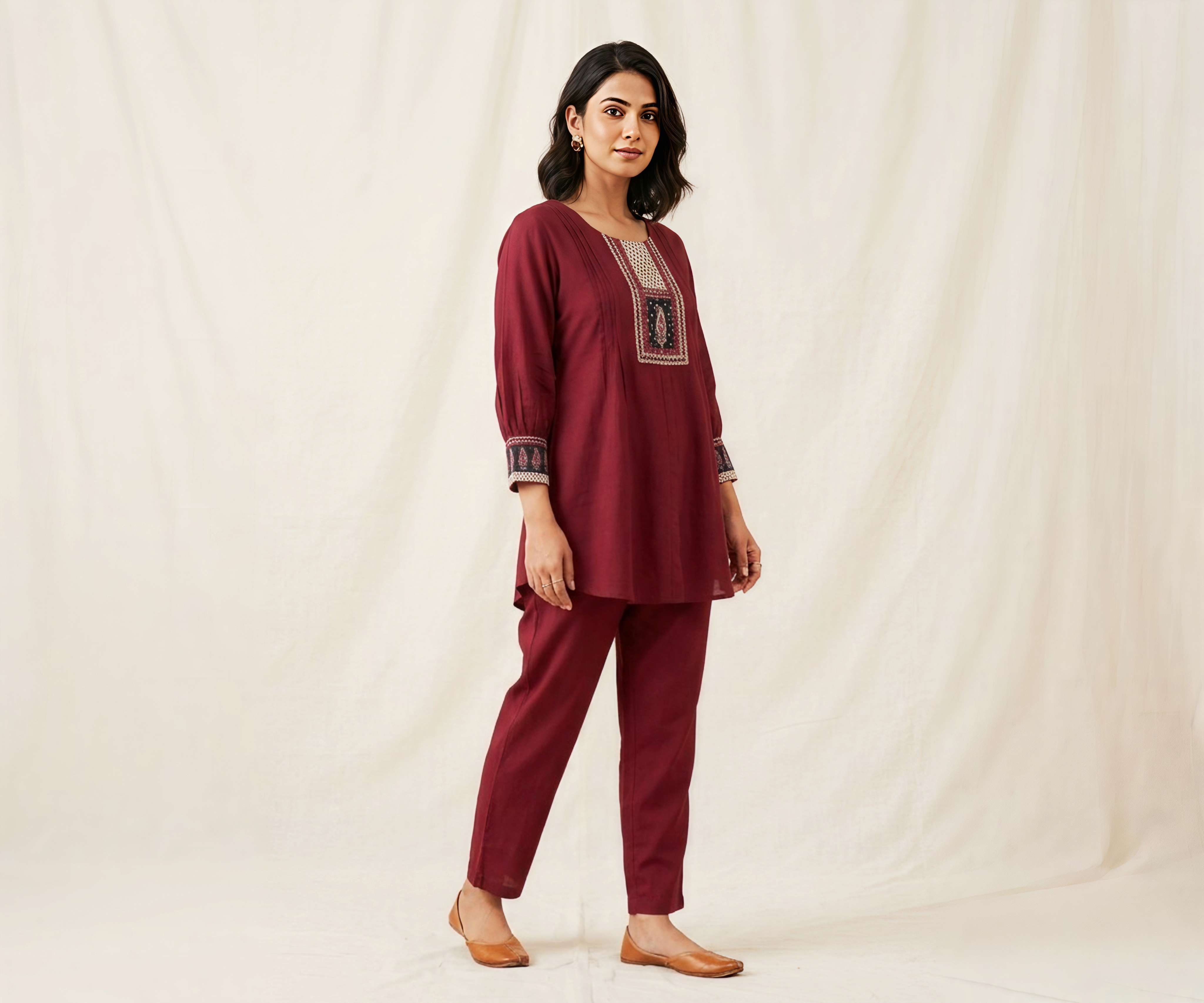 Women’s Maroon Embroidered Short Kurti and Pant Set – Heritage Collection Co-ord