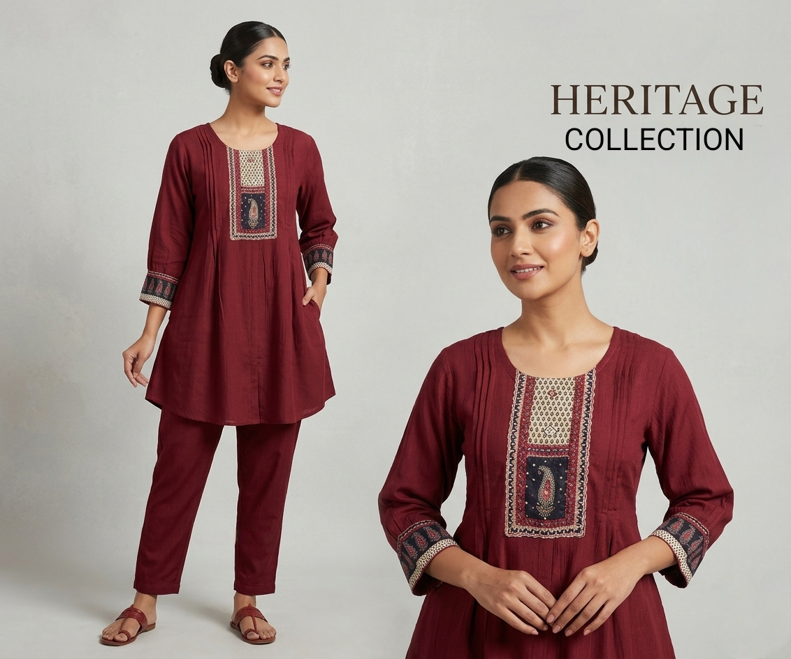 Women’s Maroon Embroidered Short Kurti and Pant Set – Heritage Collection Co-ord