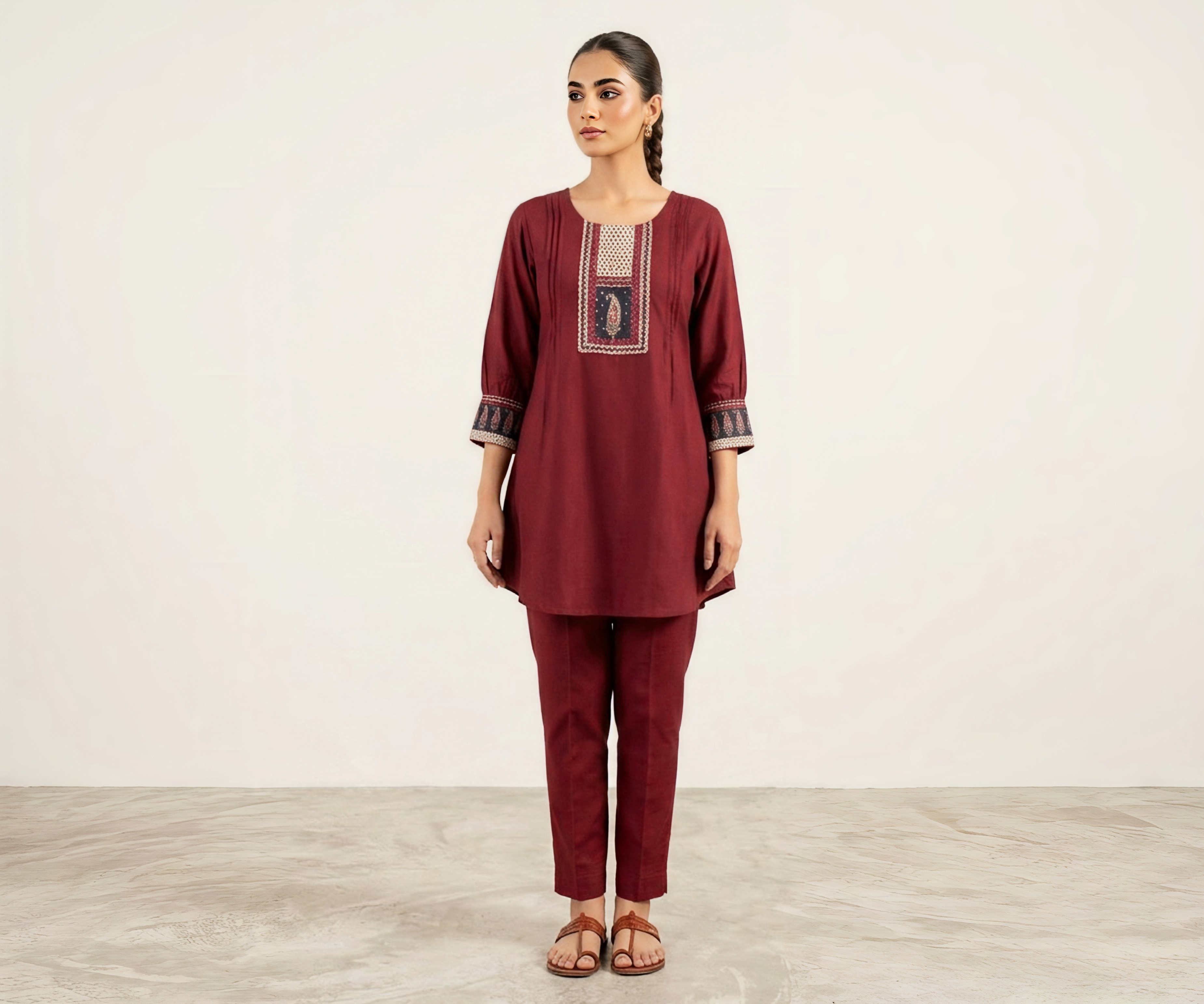 Women’s Maroon Embroidered Short Kurti and Pant Set – Heritage Collection Co-ord
