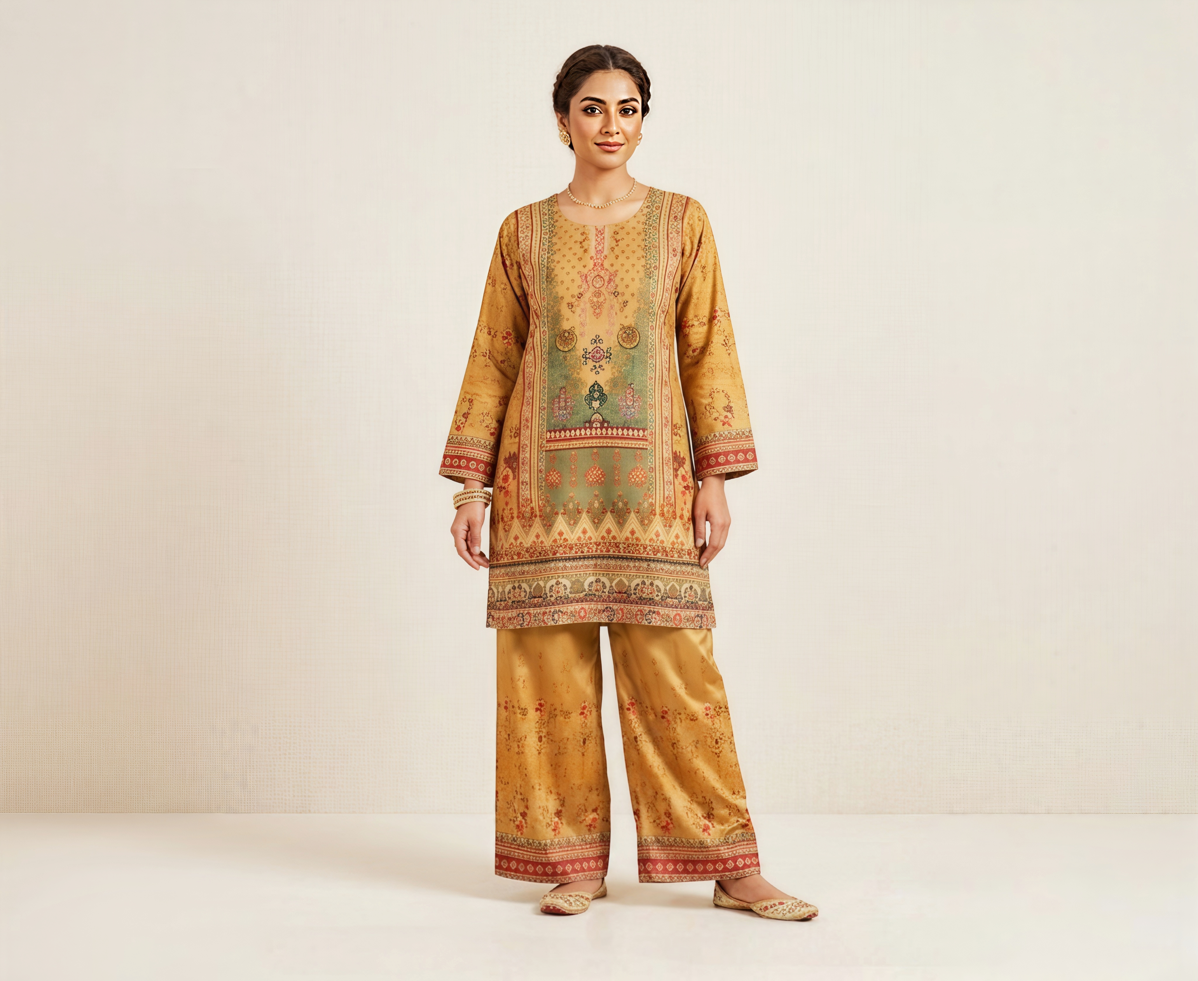 Elegant Chiku Digital Printed Cotton Co-ord Set for Women - 2 Piece Tunic & Trouser Set