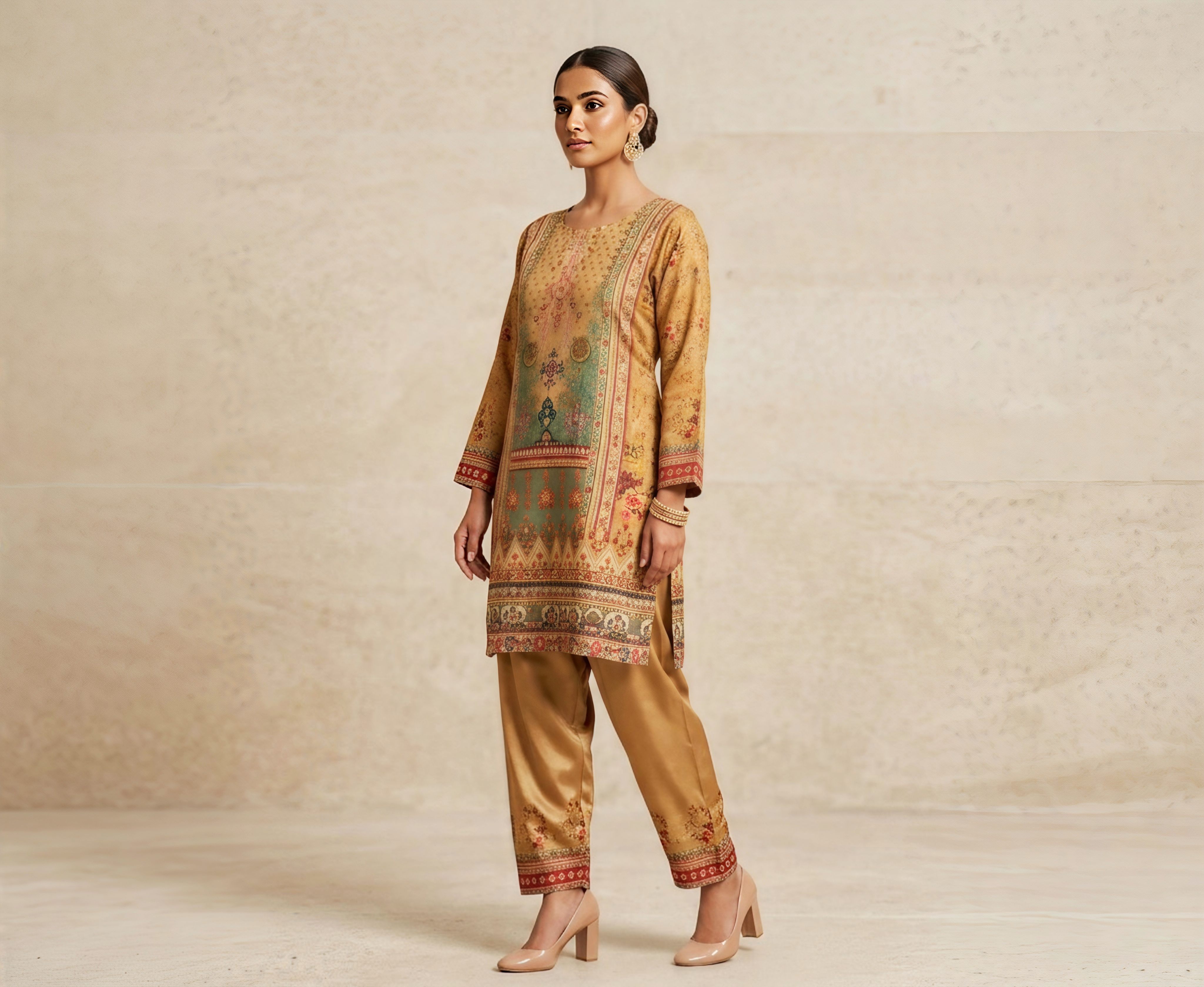 Elegant Chiku Digital Printed Cotton Co-ord Set for Women - 2 Piece Tunic & Trouser Set
