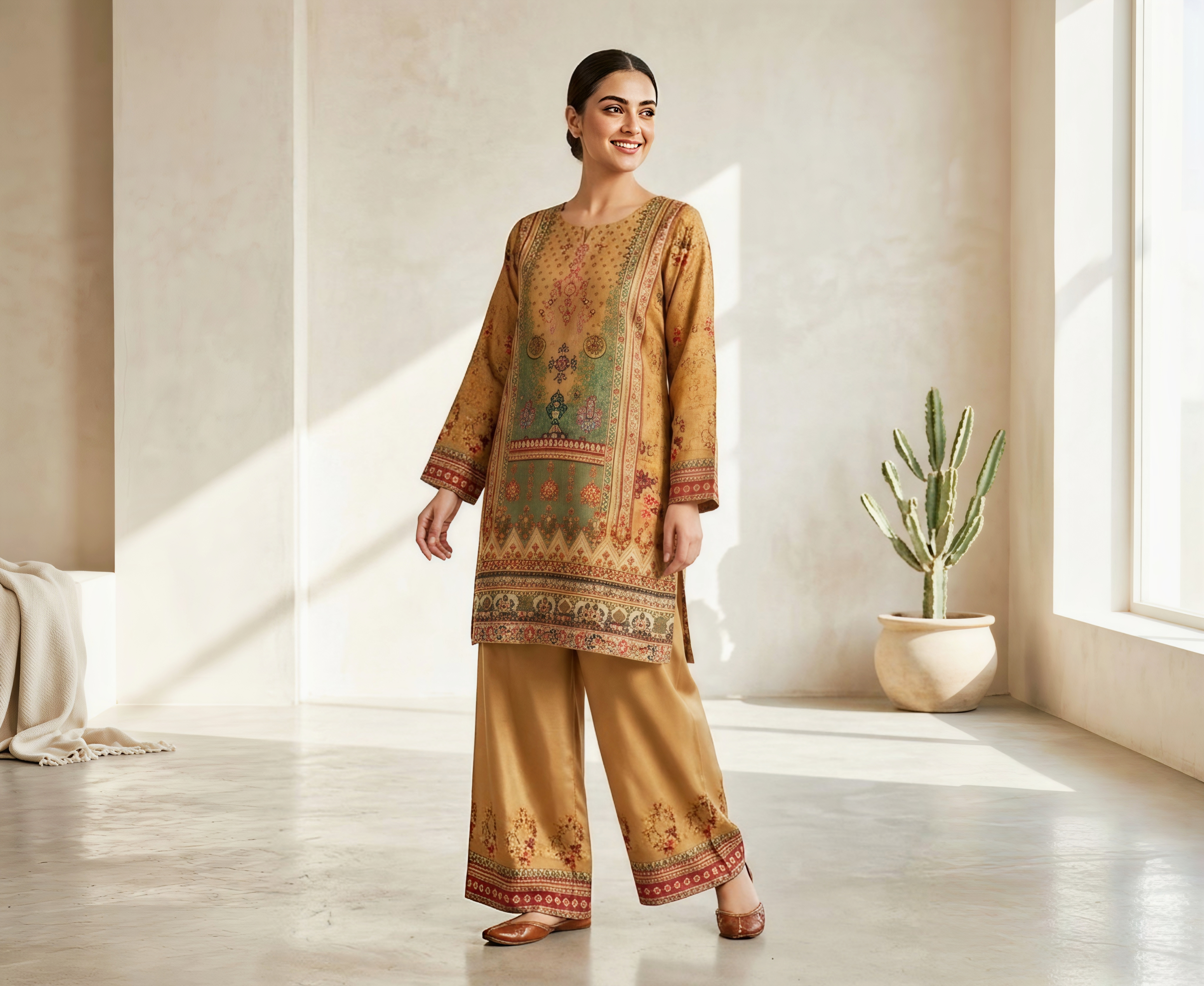 Elegant Chiku Digital Printed Cotton Co-ord Set for Women - 2 Piece Tunic & Trouser Set