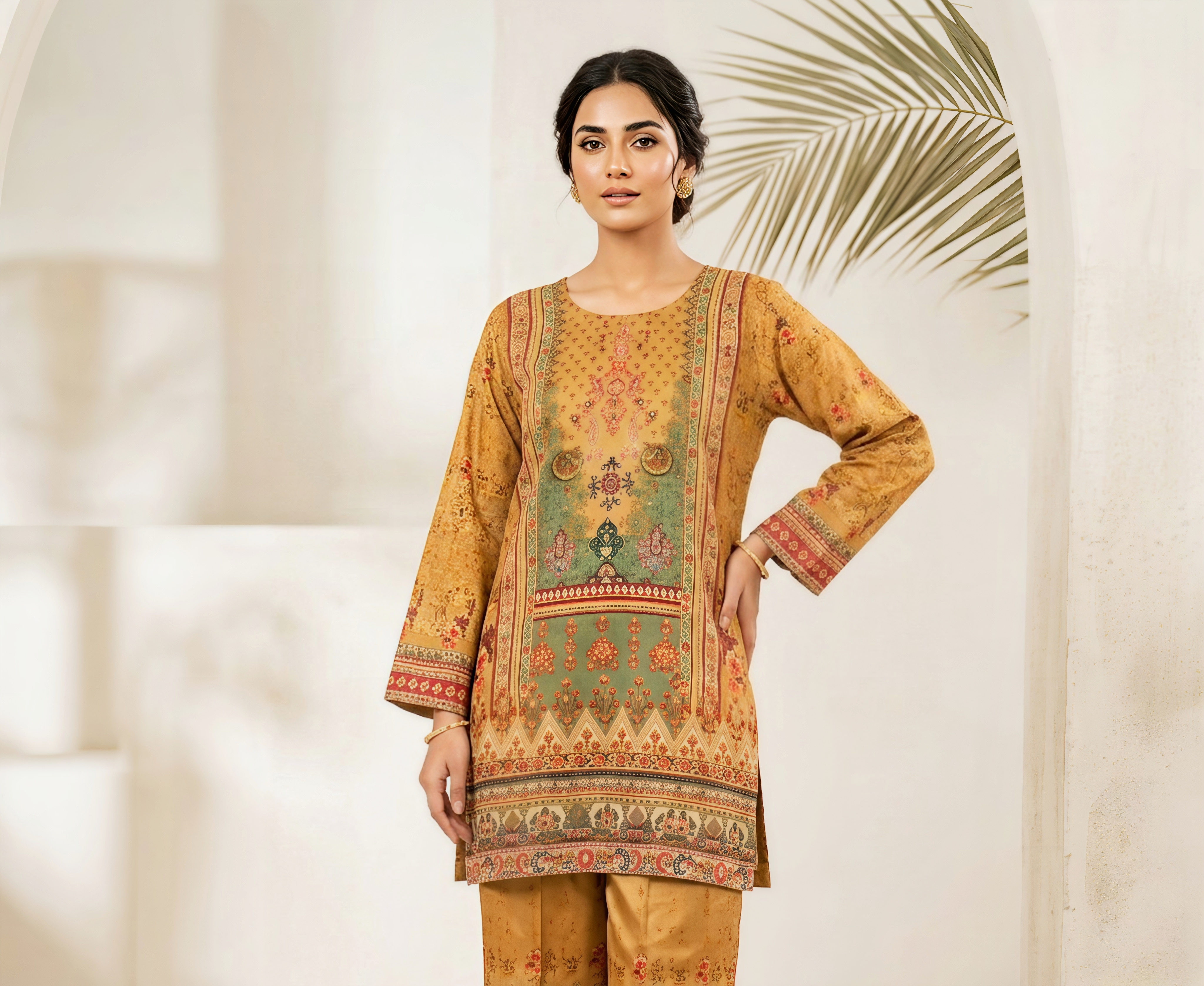 Elegant Chiku Digital Printed Cotton Co-ord Set for Women - 2 Piece Tunic & Trouser Set