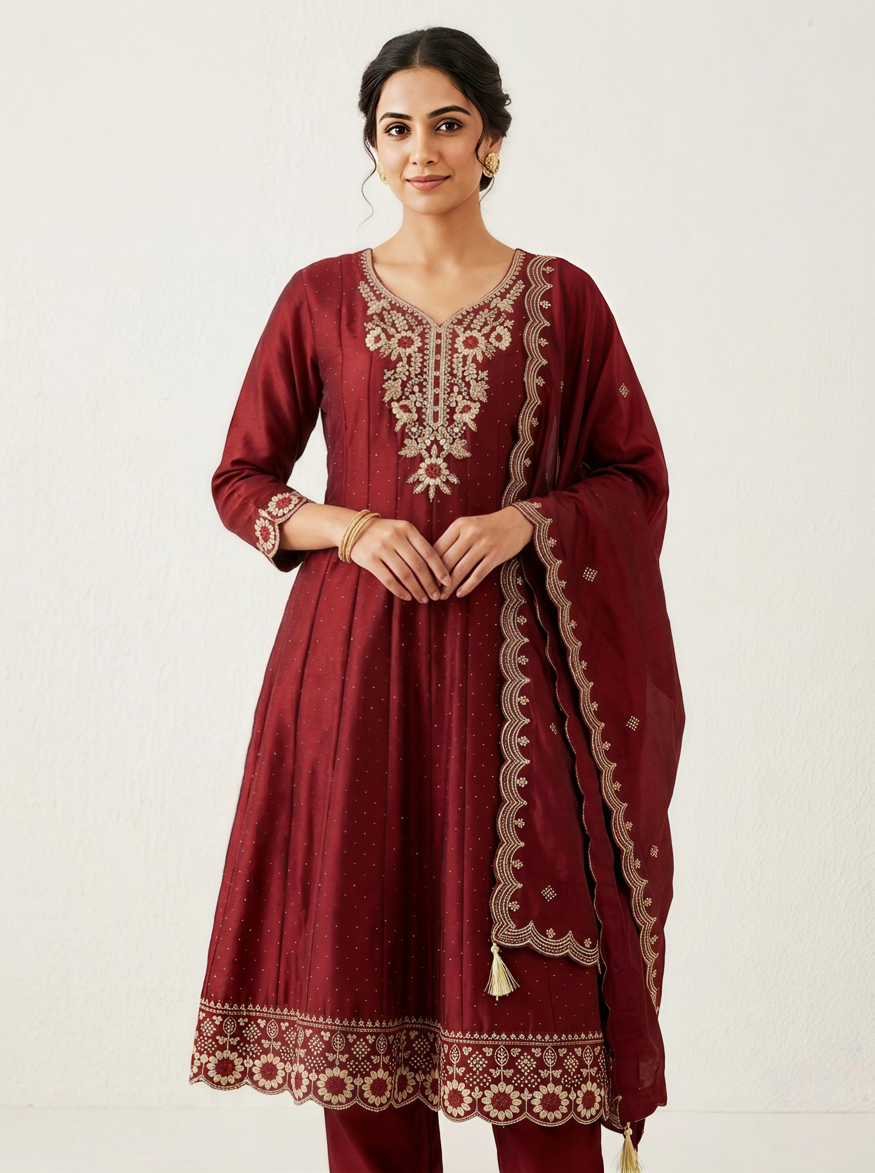 Deep Wine Embroidered Anarkali Kurta with Matching Pants & Dupatta