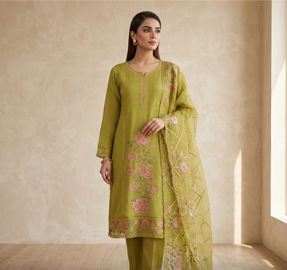 Olive Green Silk Organza Salwar Suit with Floral Thread Work & Scalloped Dupatta